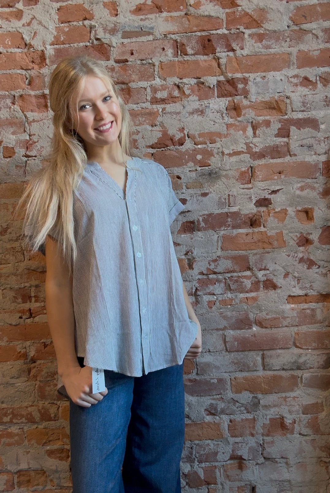 Gemma Pinstripe Button Down Top-Short Sleeves-Blu Pepper-The Funky Zebra Ames, Women's Fashion Boutique in Ames, Iowa