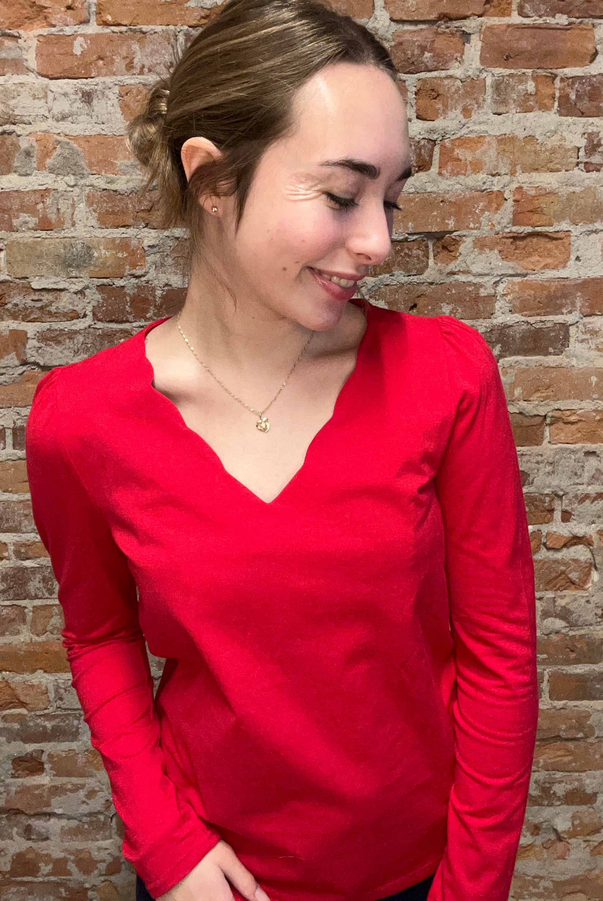 Kailee Red Scallop Top-Long Sleeves-Staccato-The Funky Zebra Ames, Women's Fashion Boutique in Ames, Iowa