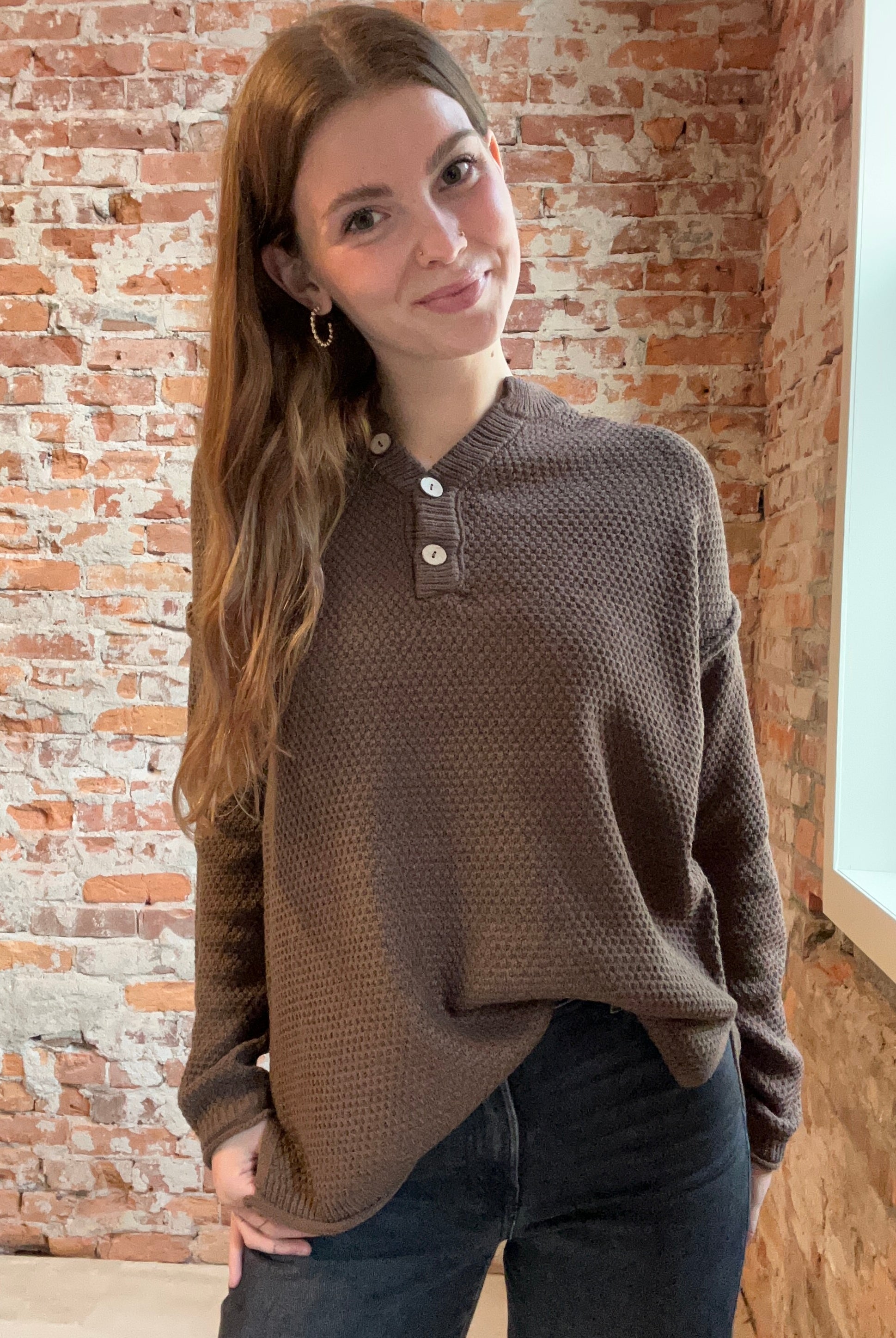 Brown Button Henley Basic Sweater-Sweaters-Zenana-The Funky Zebra Ames, Women's Fashion Boutique in Ames, Iowa