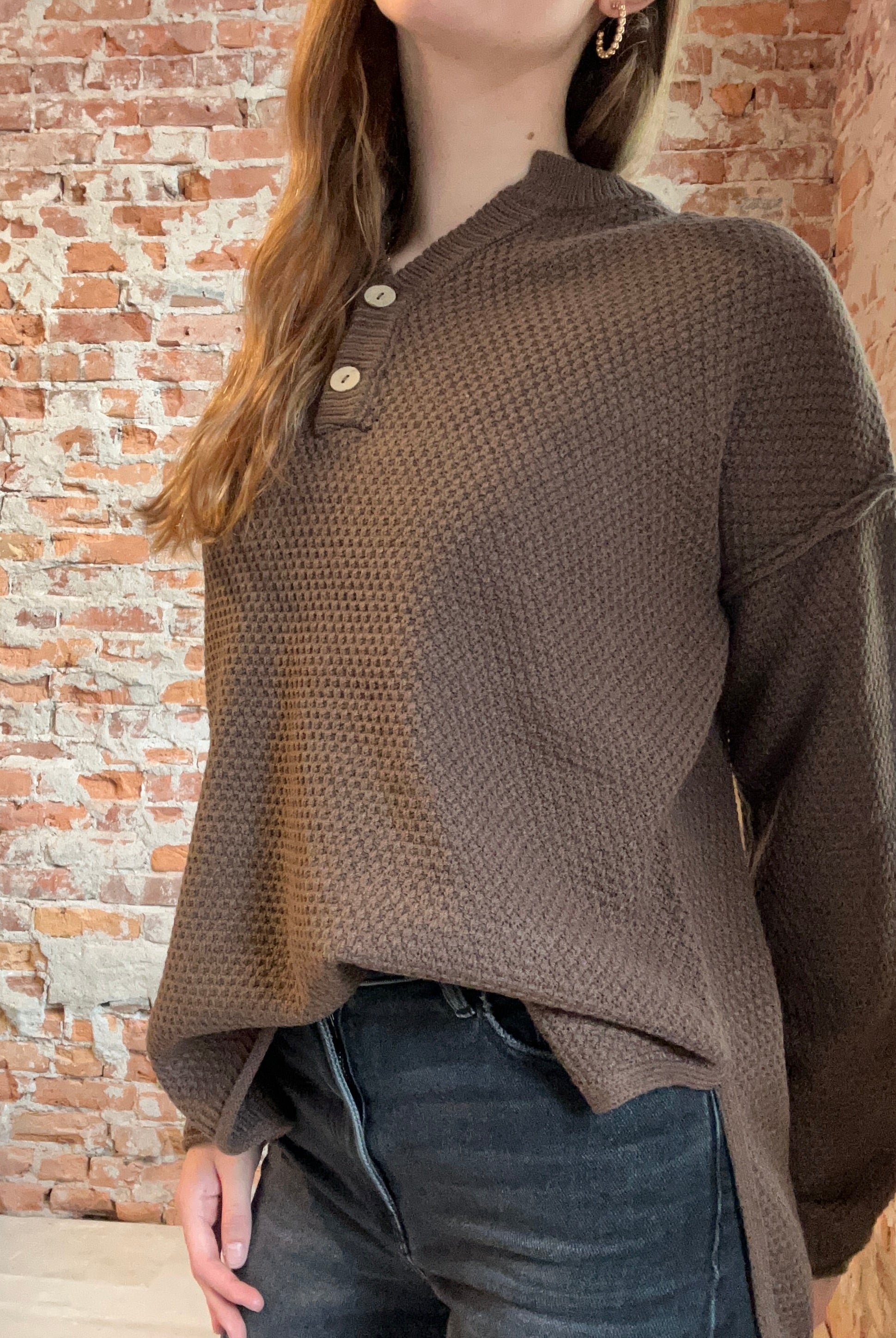Brown Button Henley Basic Sweater-Sweaters-Zenana-The Funky Zebra Ames, Women's Fashion Boutique in Ames, Iowa