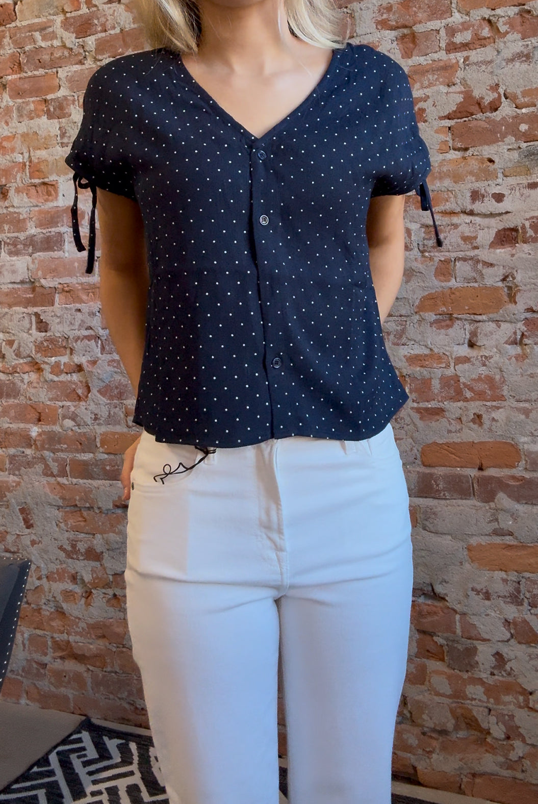 Celene Navy Tie Button Front Short Sleeve Top-Short Sleeves-Molly Bracken-The Funky Zebra Ames, Women's Fashion Boutique in Ames, Iowa