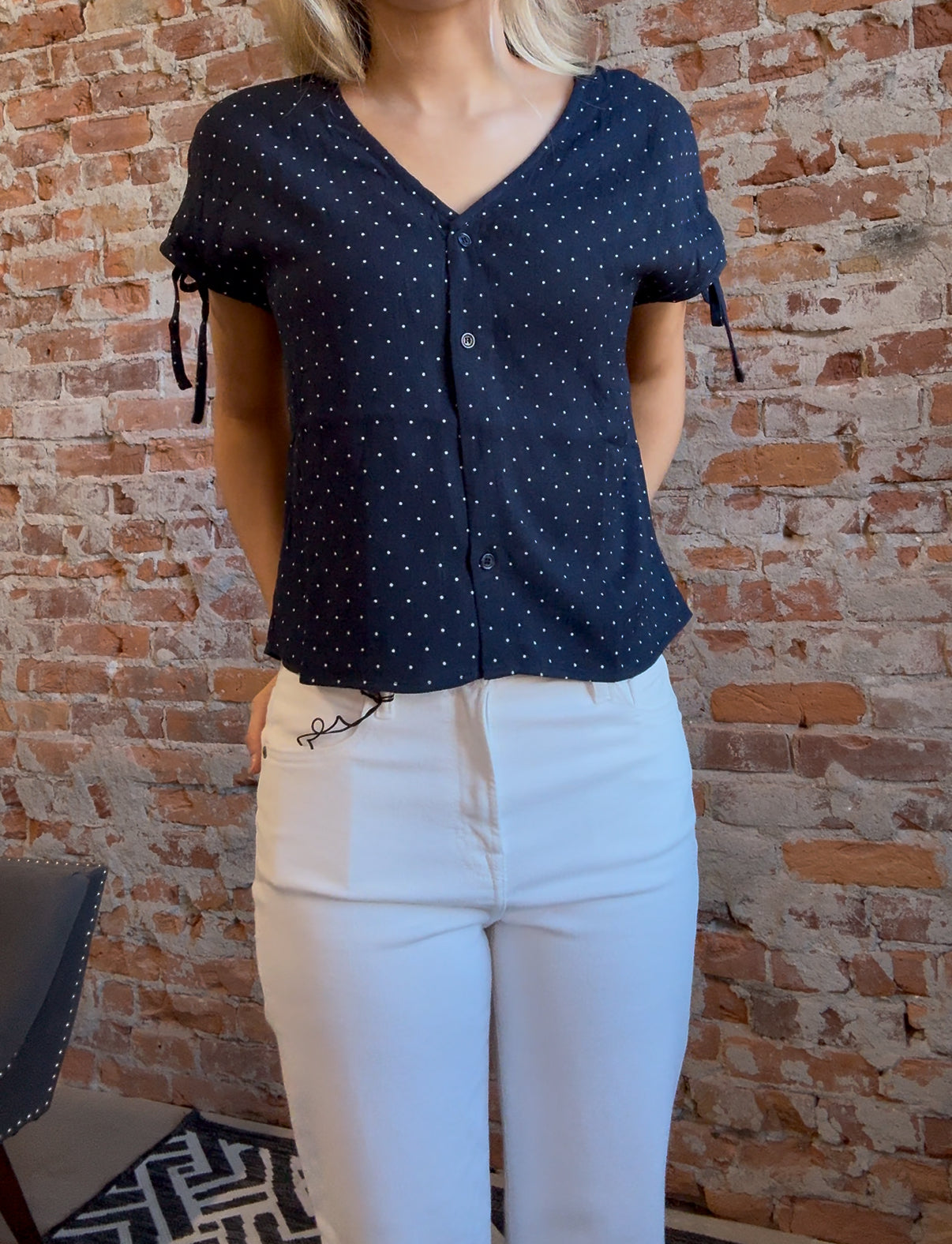 Celene Navy Tie Button Front Short Sleeve Top-Short Sleeves-Molly Bracken-The Funky Zebra Ames, Women's Fashion Boutique in Ames, Iowa