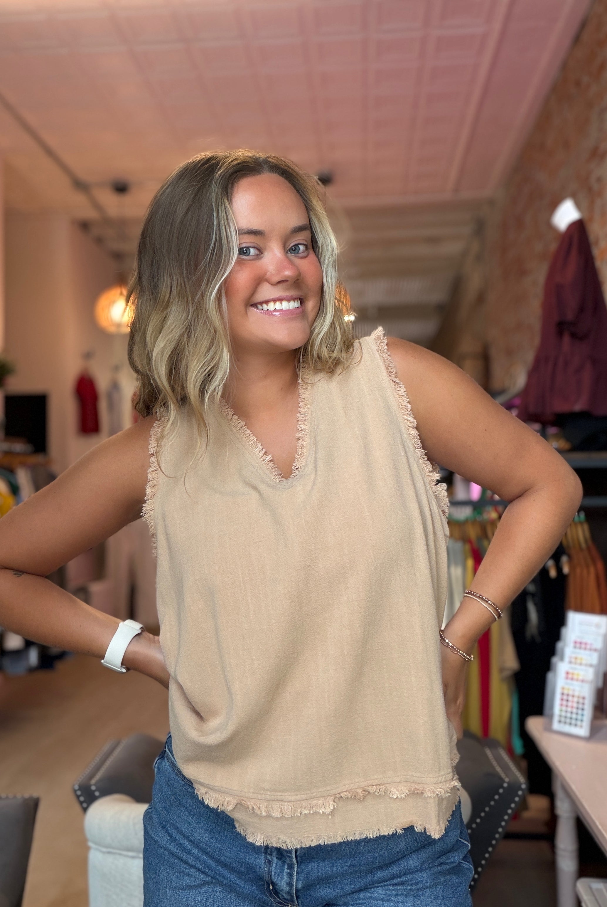 Serena Sleeveless Gauze Fringe Top-La Miel-The Funky Zebra Ames, Women's Fashion Boutique in Ames, Iowa