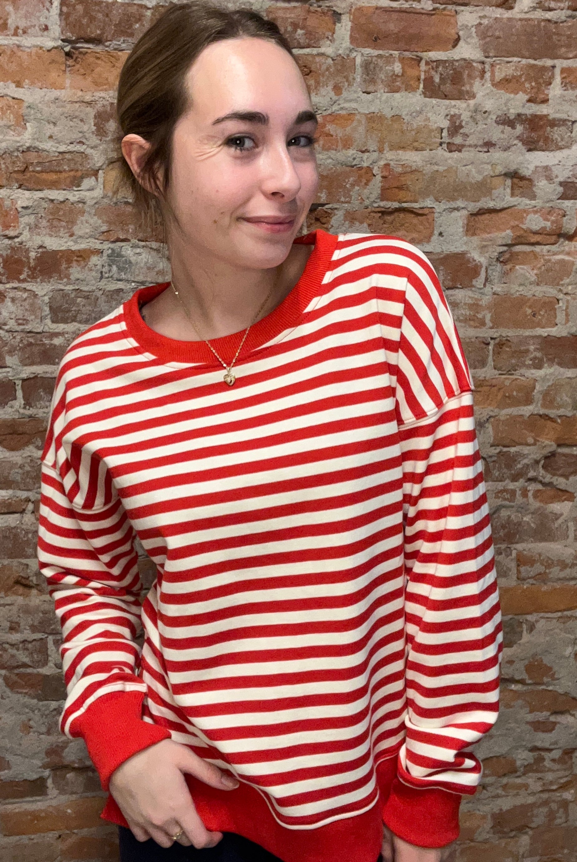 Staci Red Striped Crew Top-Long Sleeves-The Funky Zebra Ames-The Funky Zebra Ames, Women's Fashion Boutique in Ames, Iowa