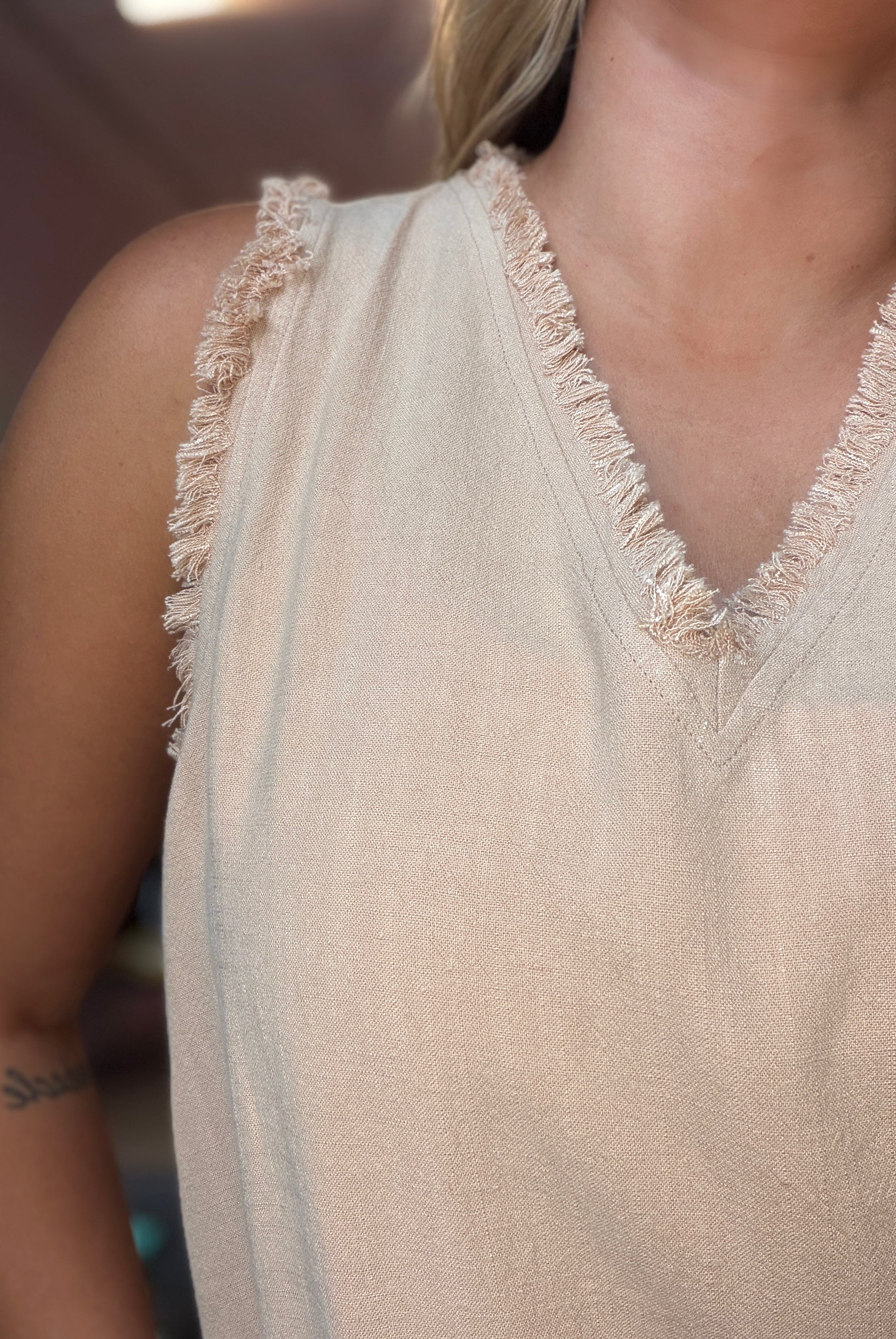 Serena Sleeveless Gauze Fringe Top-La Miel-The Funky Zebra Ames, Women's Fashion Boutique in Ames, Iowa