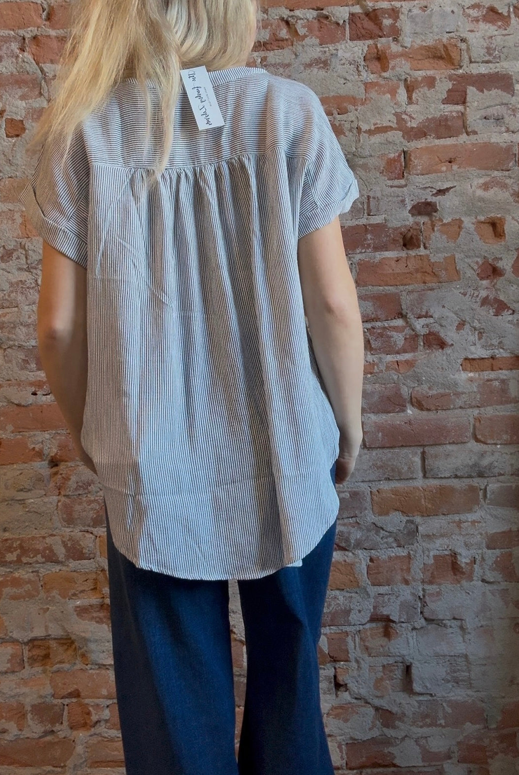 Gemma Pinstripe Button Down Top-Short Sleeves-Blu Pepper-The Funky Zebra Ames, Women's Fashion Boutique in Ames, Iowa