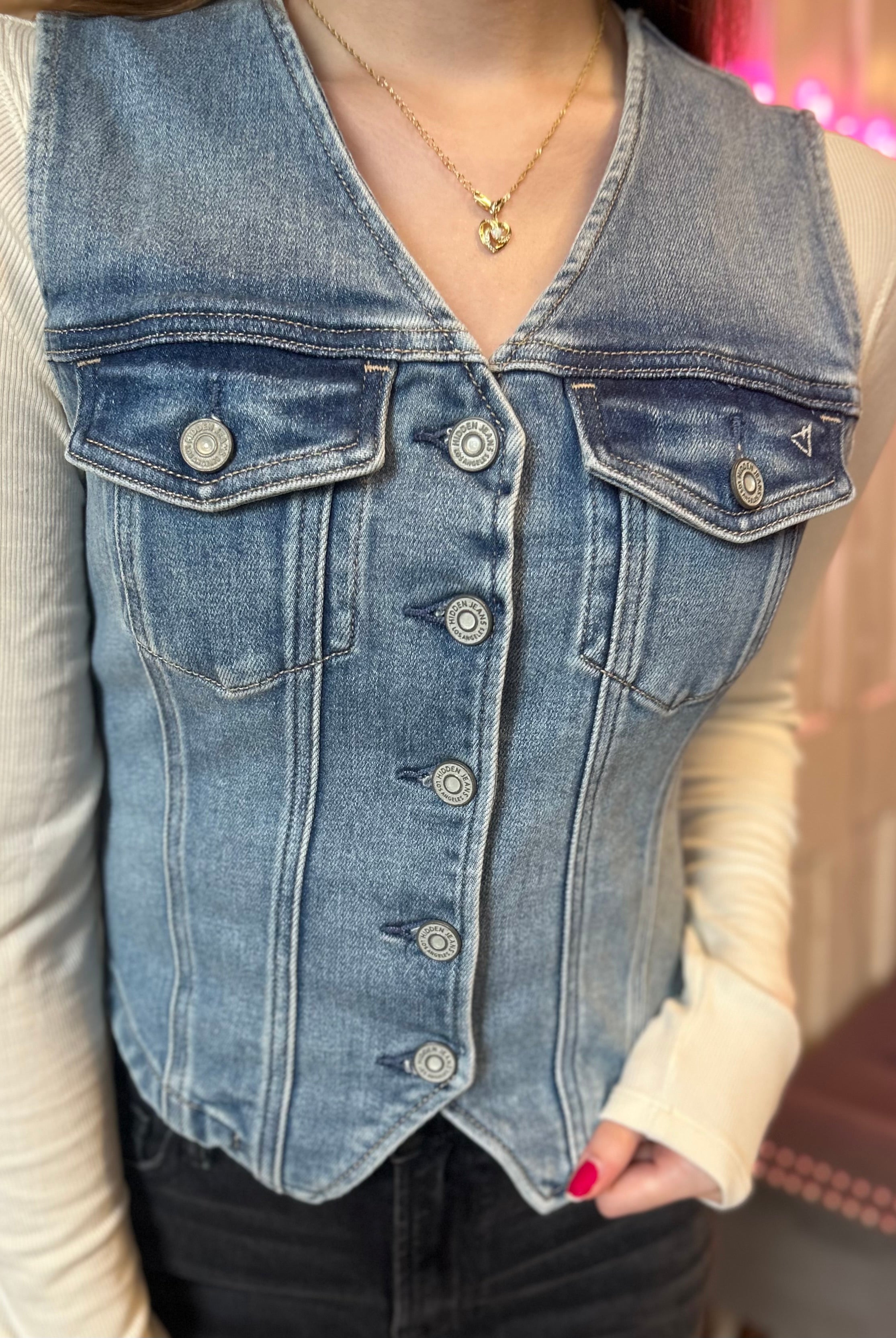 Hidden Denim Vest-Vests-Hidden-The Funky Zebra Ames, Women's Fashion Boutique in Ames, Iowa