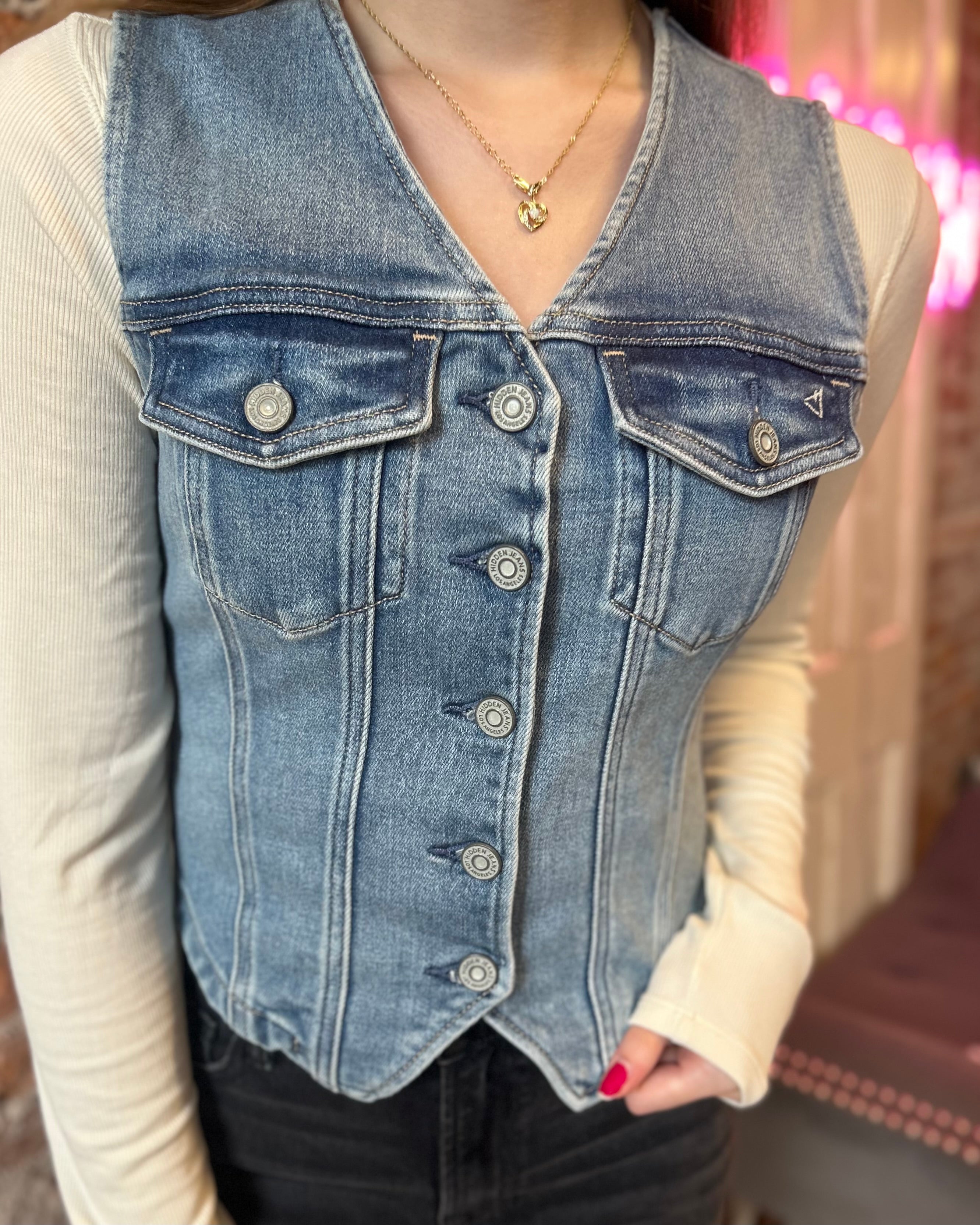 Hidden Denim Vest-Vests-Hidden-The Funky Zebra Ames, Women's Fashion Boutique in Ames, Iowa