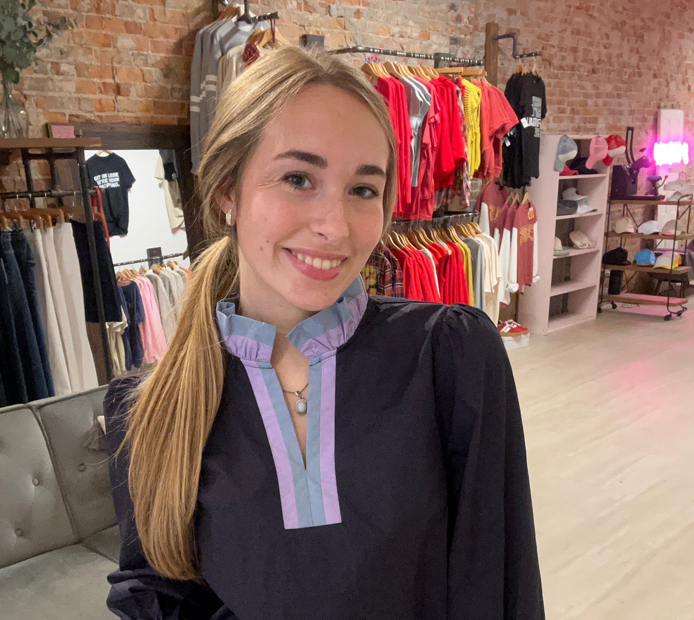 Theron Navy Color Contrast Top-Long Sleeves-Jodifl-The Funky Zebra Ames, Women's Fashion Boutique in Ames, Iowa