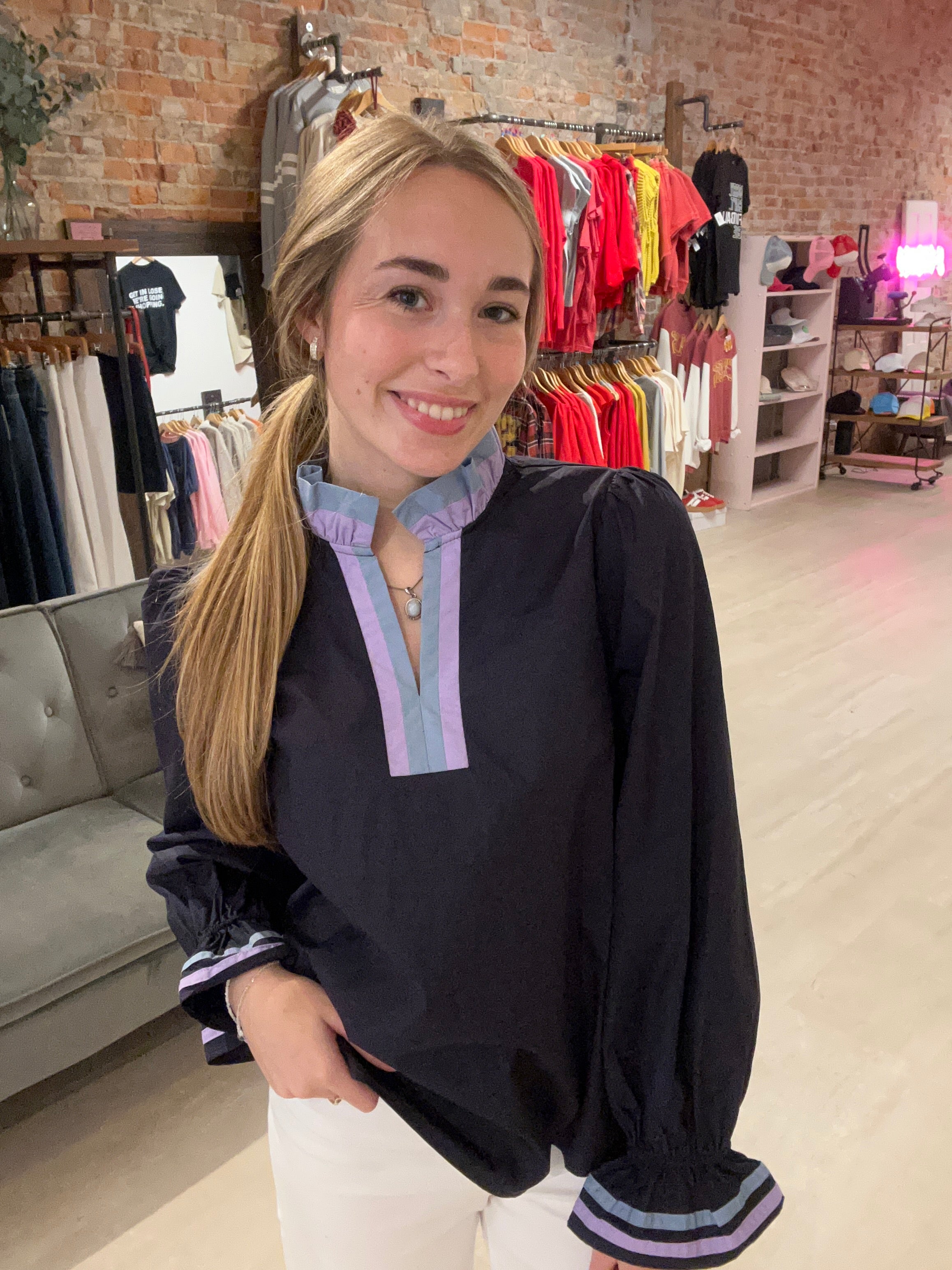 Theron Navy Color Contrast Top-Long Sleeves-Jodifl-The Funky Zebra Ames, Women's Fashion Boutique in Ames, Iowa