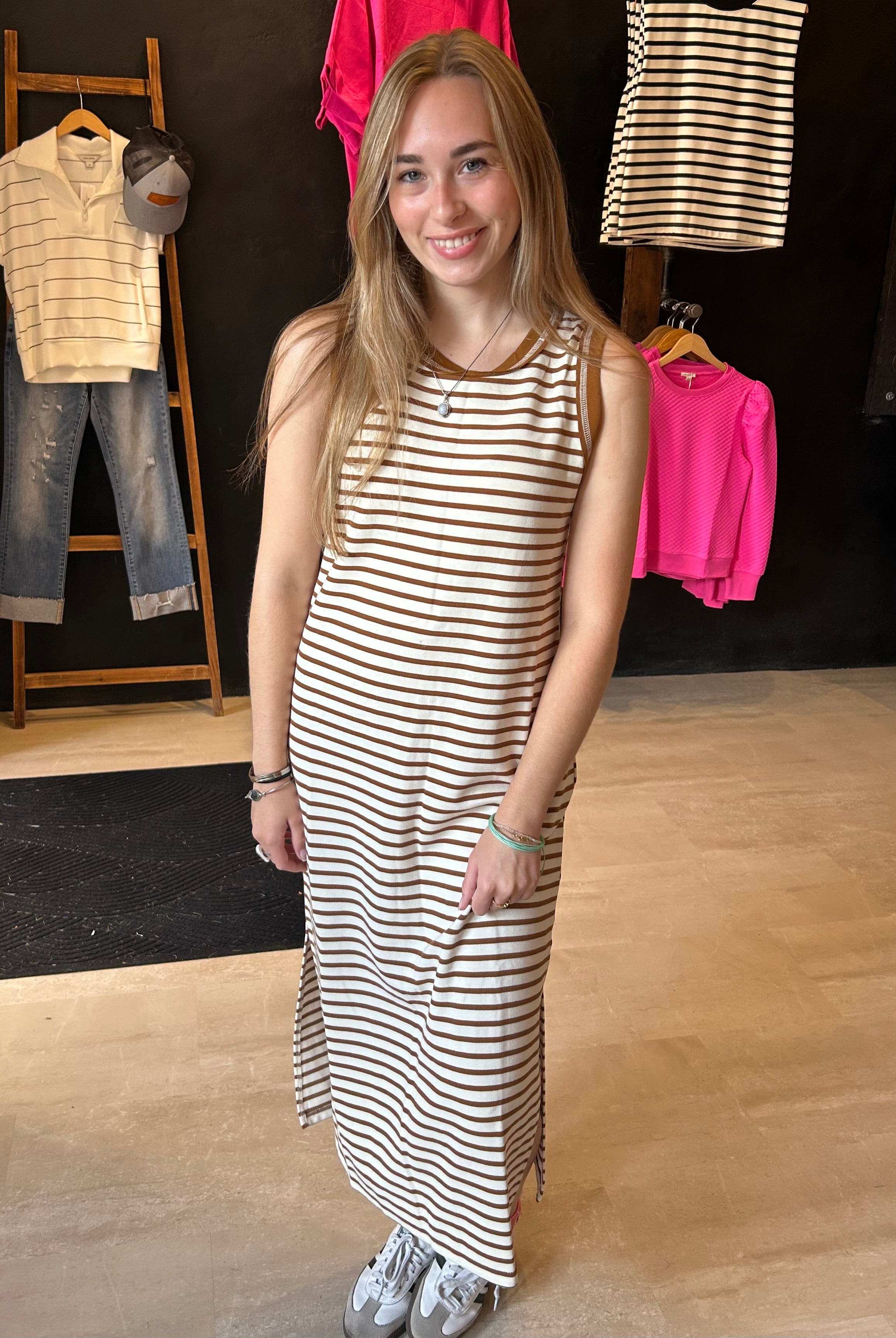 Jenna Stripe Side Slit Maxi-Dresses-Blu Pepper-The Funky Zebra Ames, Women's Fashion Boutique in Ames, Iowa