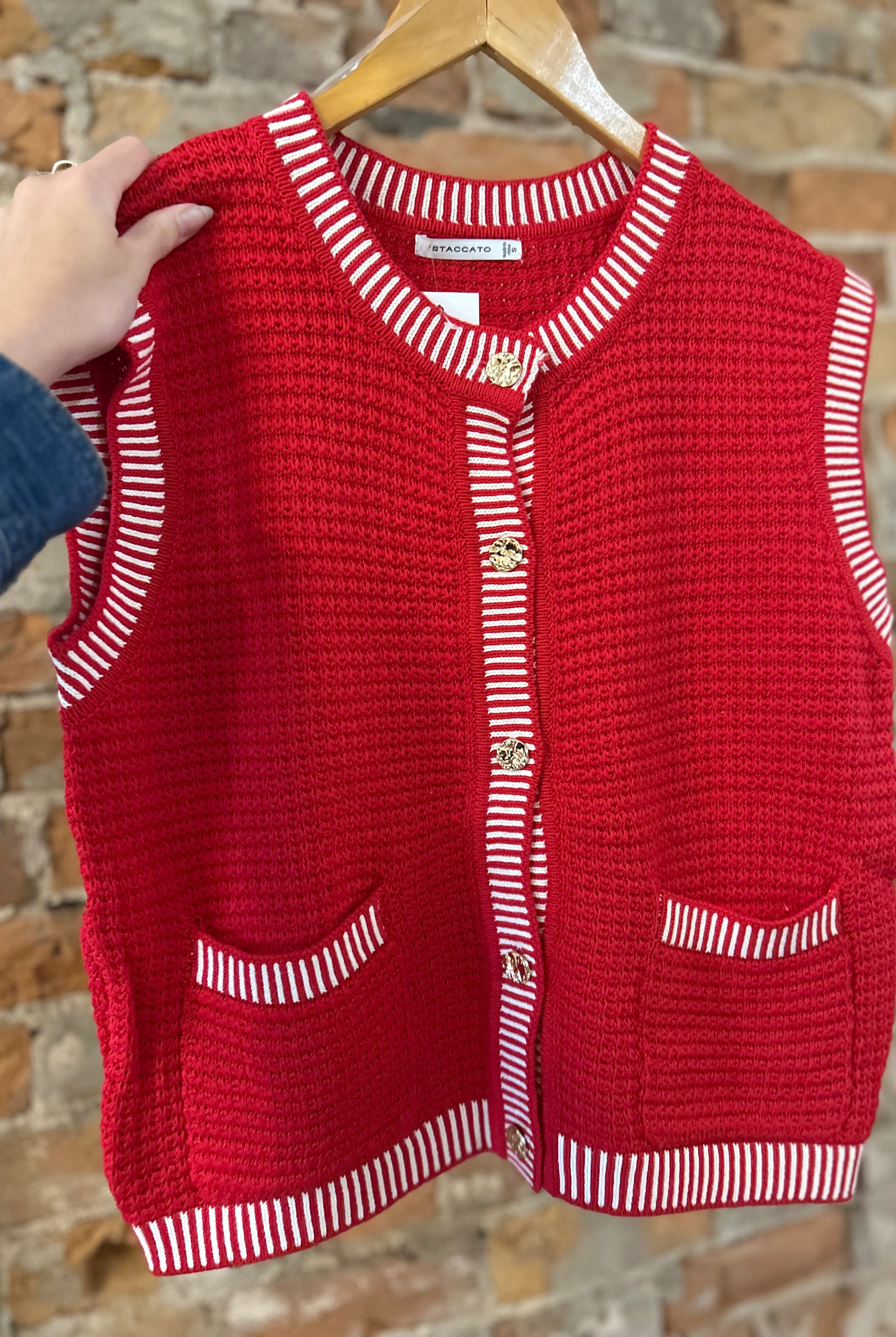 Miranda Red Button Down Swater Vest-Vests-Staccato-The Funky Zebra Ames, Women's Fashion Boutique in Ames, Iowa