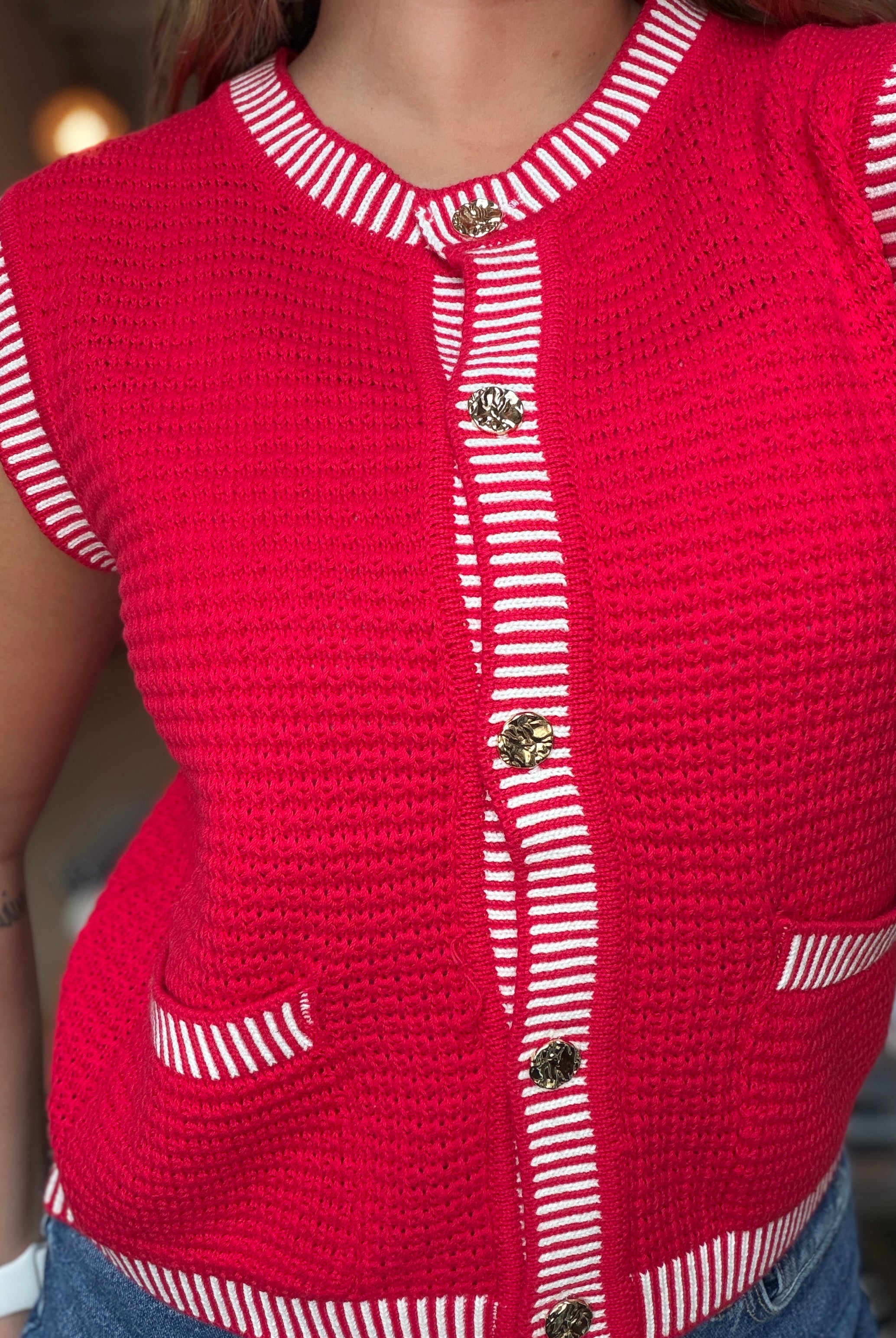 Miranda Red Button Down Swater Vest-Vests-Staccato-The Funky Zebra Ames, Women's Fashion Boutique in Ames, Iowa