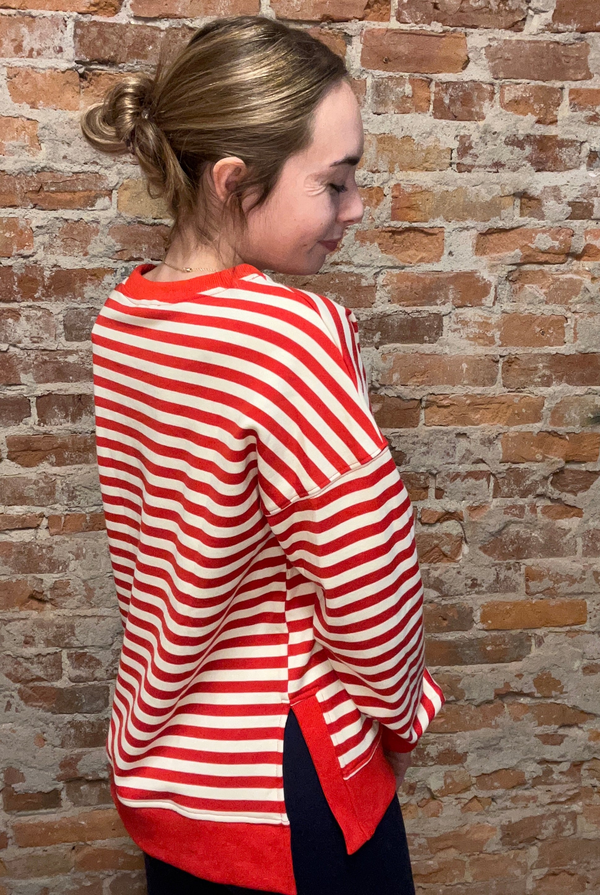 Staci Red Striped Crew Top-Long Sleeves-The Funky Zebra Ames-The Funky Zebra Ames, Women's Fashion Boutique in Ames, Iowa