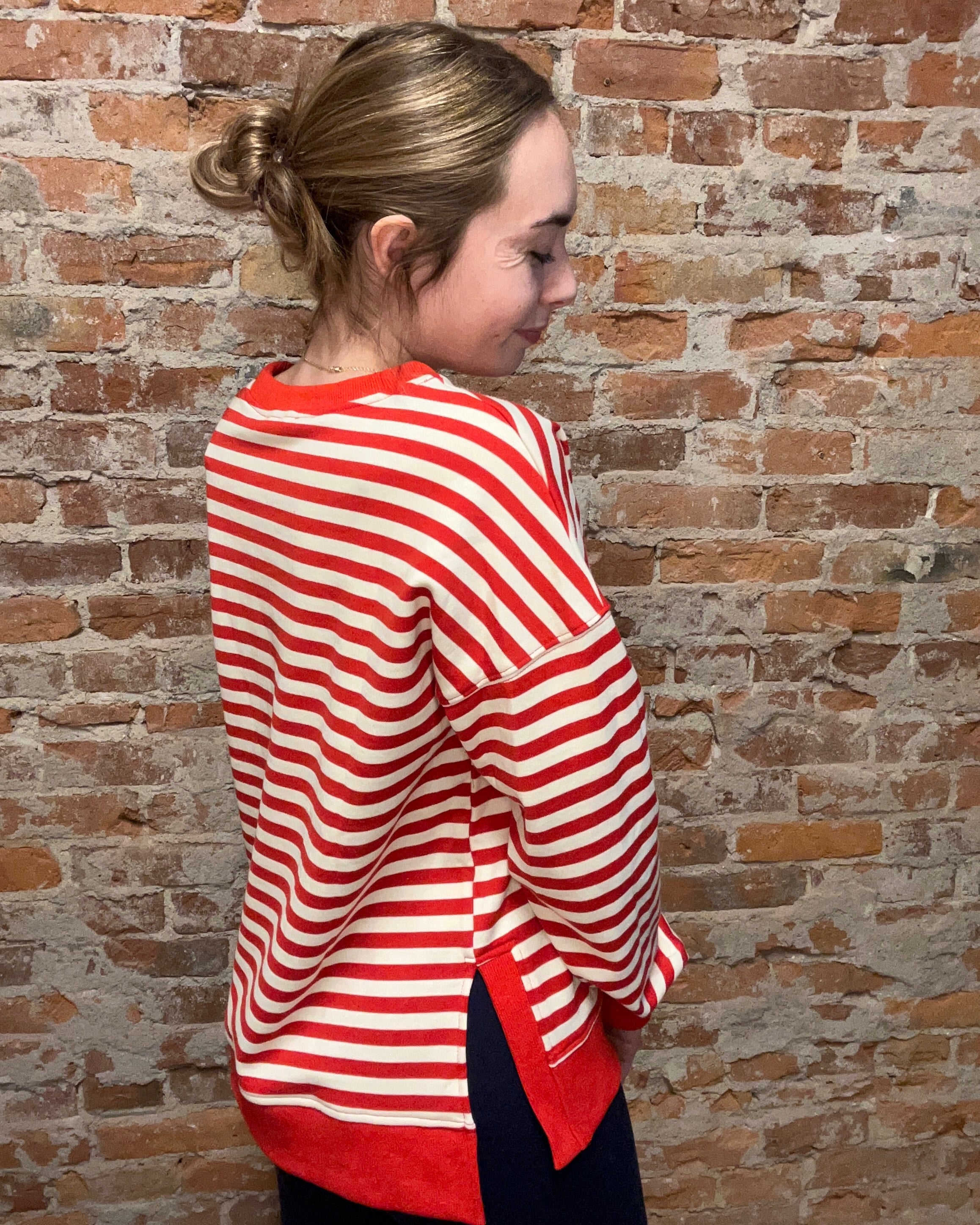 Staci Red Striped Crew Top-Long Sleeves-The Funky Zebra Ames-The Funky Zebra Ames, Women's Fashion Boutique in Ames, Iowa
