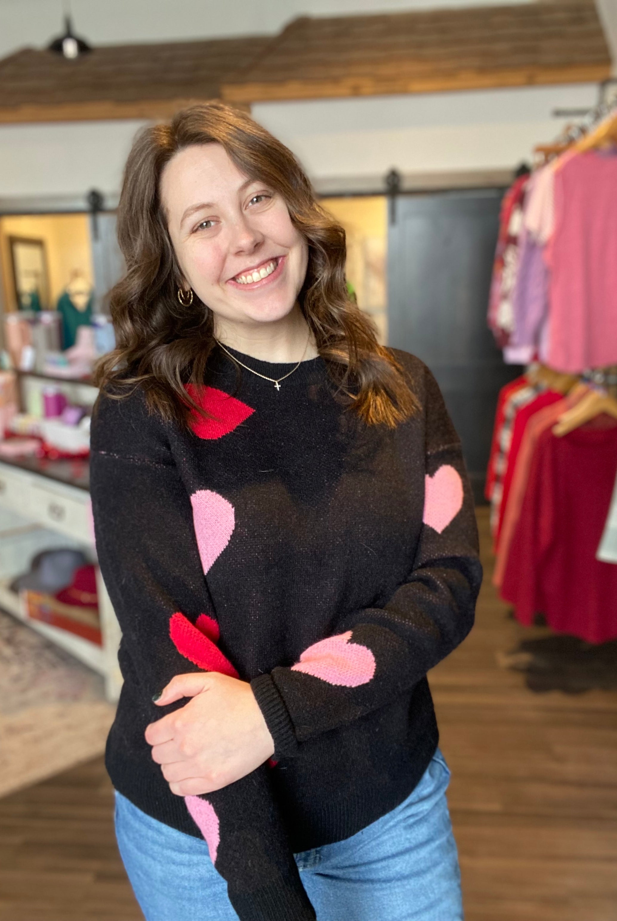Black & Pink Heart Sweater-Sweaters-ePretty-The Funky Zebra Ames, Women's Fashion Boutique in Ames, Iowa