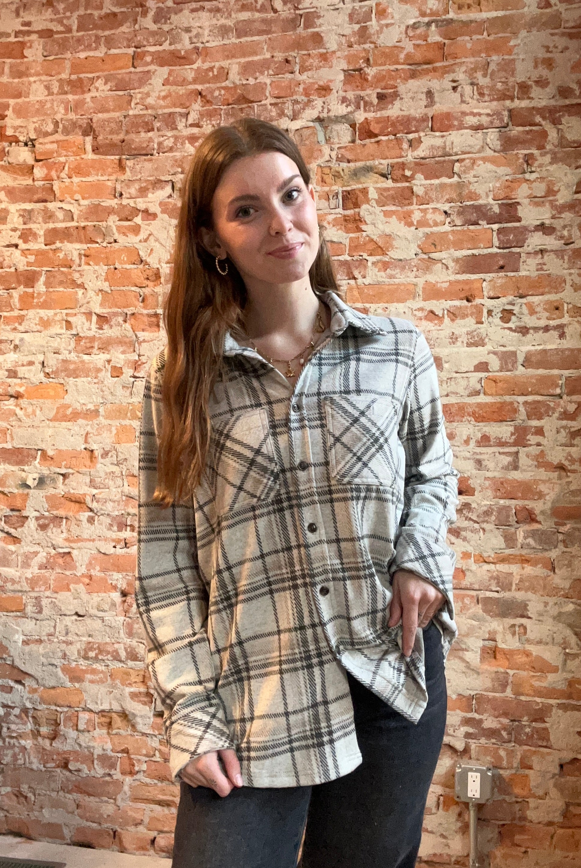 Georgia Taupe Plaid Button Up-Long Sleeves-Panache Accessories-The Funky Zebra Ames, Women's Fashion Boutique in Ames, Iowa