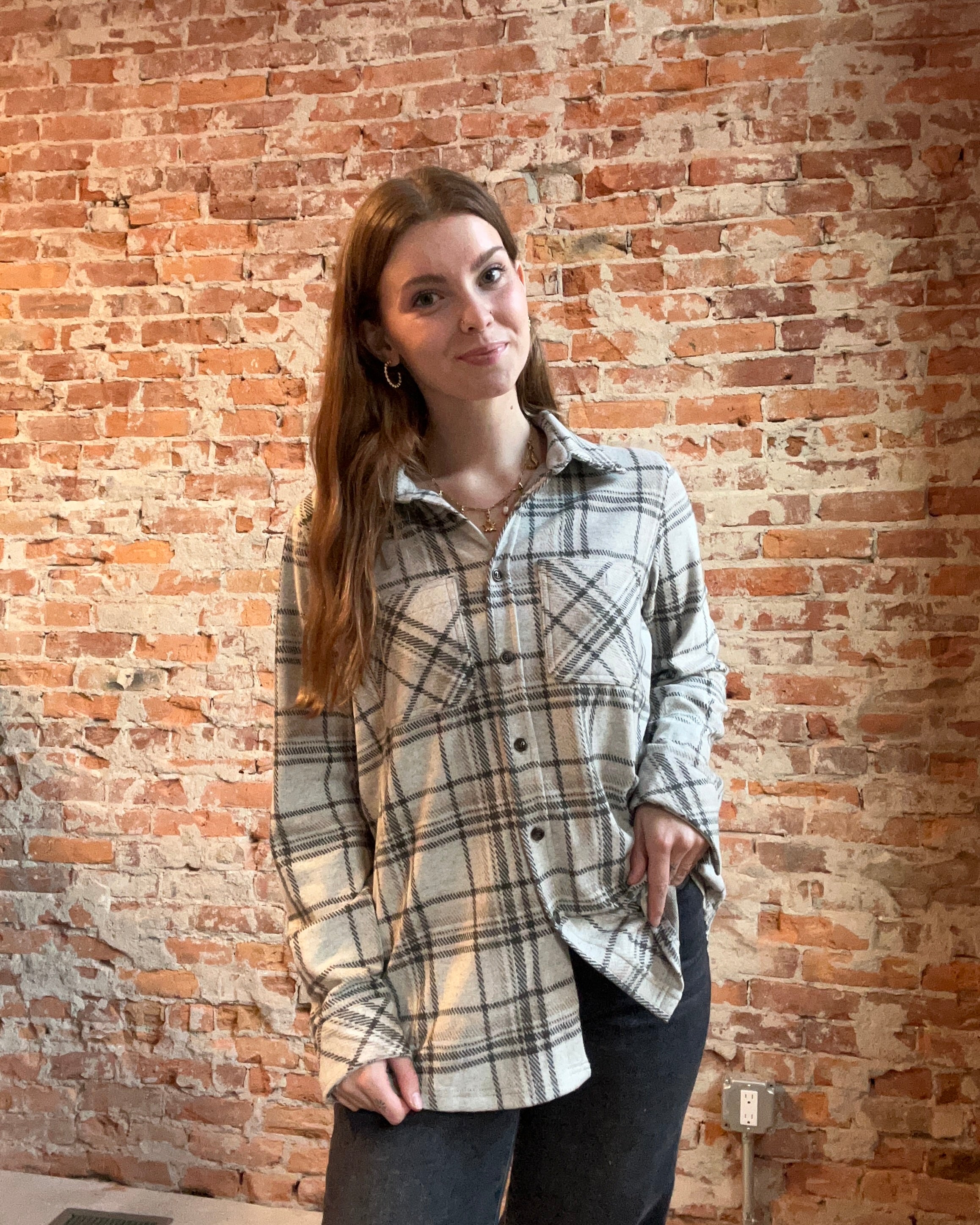 Georgia Taupe Plaid Button Up-Long Sleeves-Panache Accessories-The Funky Zebra Ames, Women's Fashion Boutique in Ames, Iowa