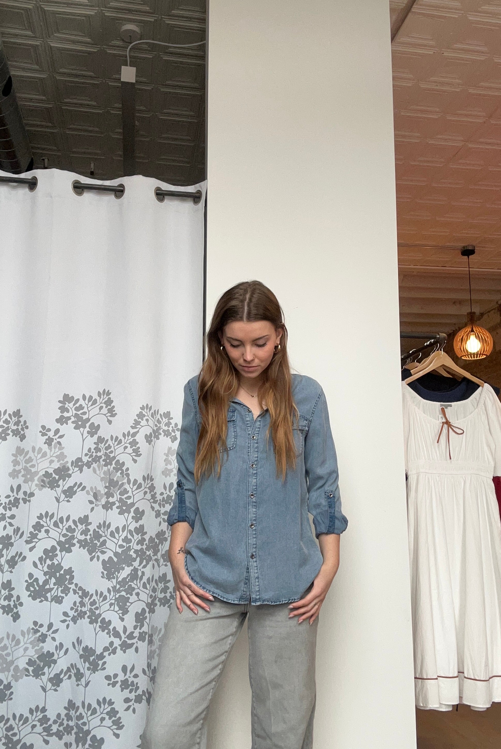 Chambray Button Down Shirt With Roll up Sleeve-Doe and Rae-The Funky Zebra Ames, Women's Fashion Boutique in Ames, Iowa
