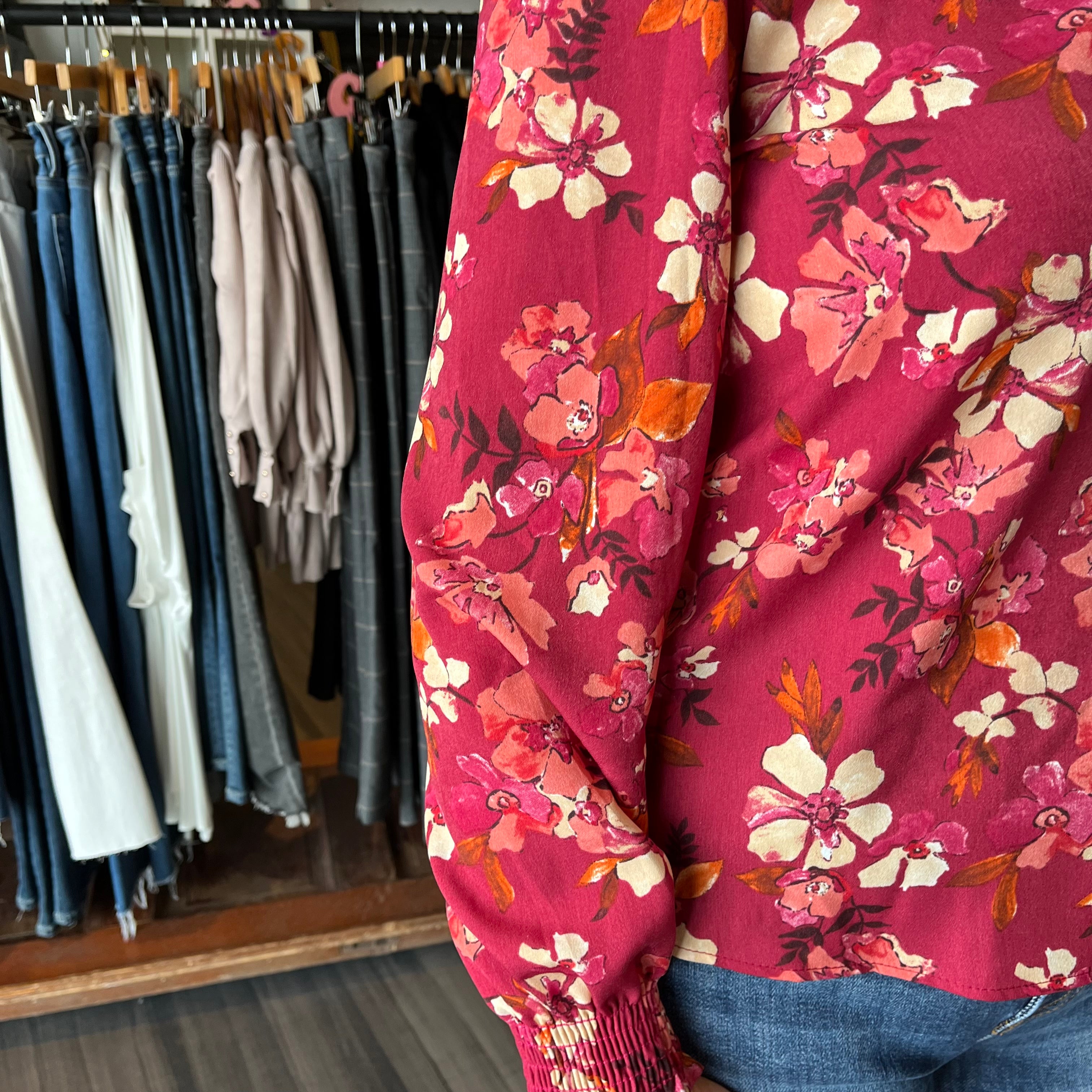 Ashley Floral Top - Burgundy-Long Sleeves-The Funky Zebra Ames-The Funky Zebra Ames, Women's Fashion Boutique in Ames, Iowa