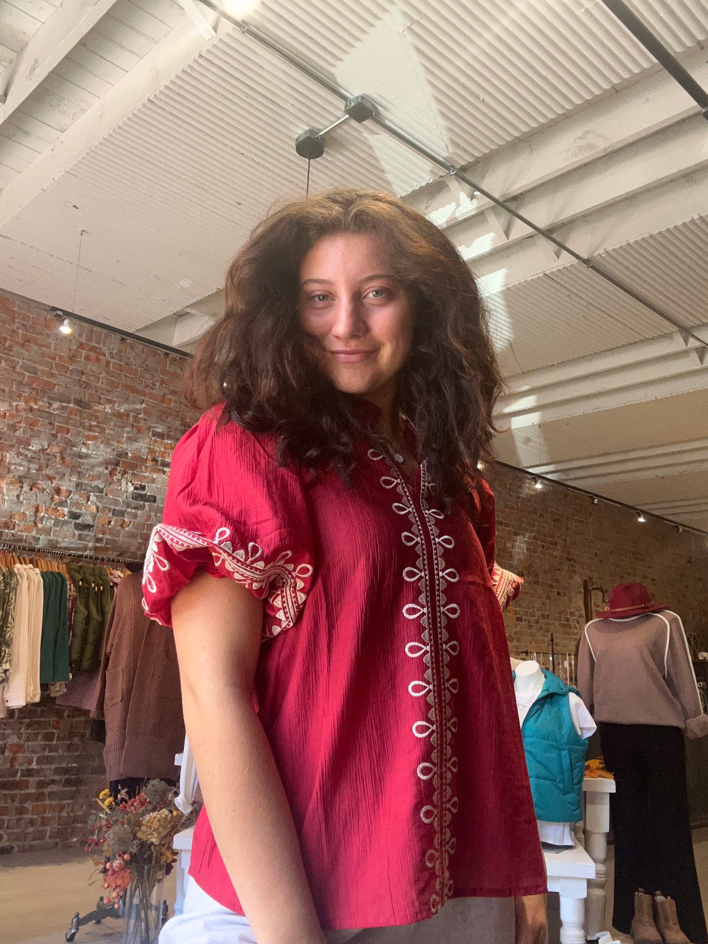 Hanna Red Embroidered Puff Sleeve-Long Sleeves-Oddi-The Funky Zebra Ames, Women's Fashion Boutique in Ames, Iowa