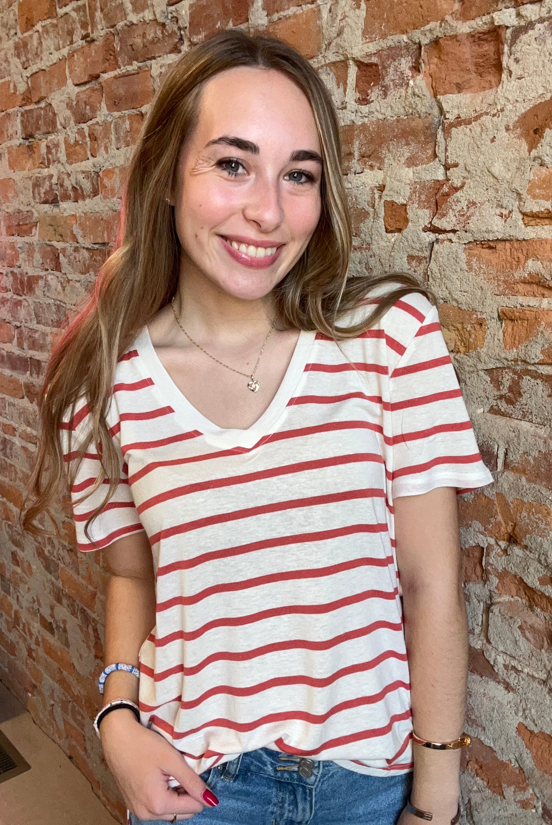Shyla Striped V Neck Tee-Short Sleeves-Be Cool-The Funky Zebra Ames, Women's Fashion Boutique in Ames, Iowa