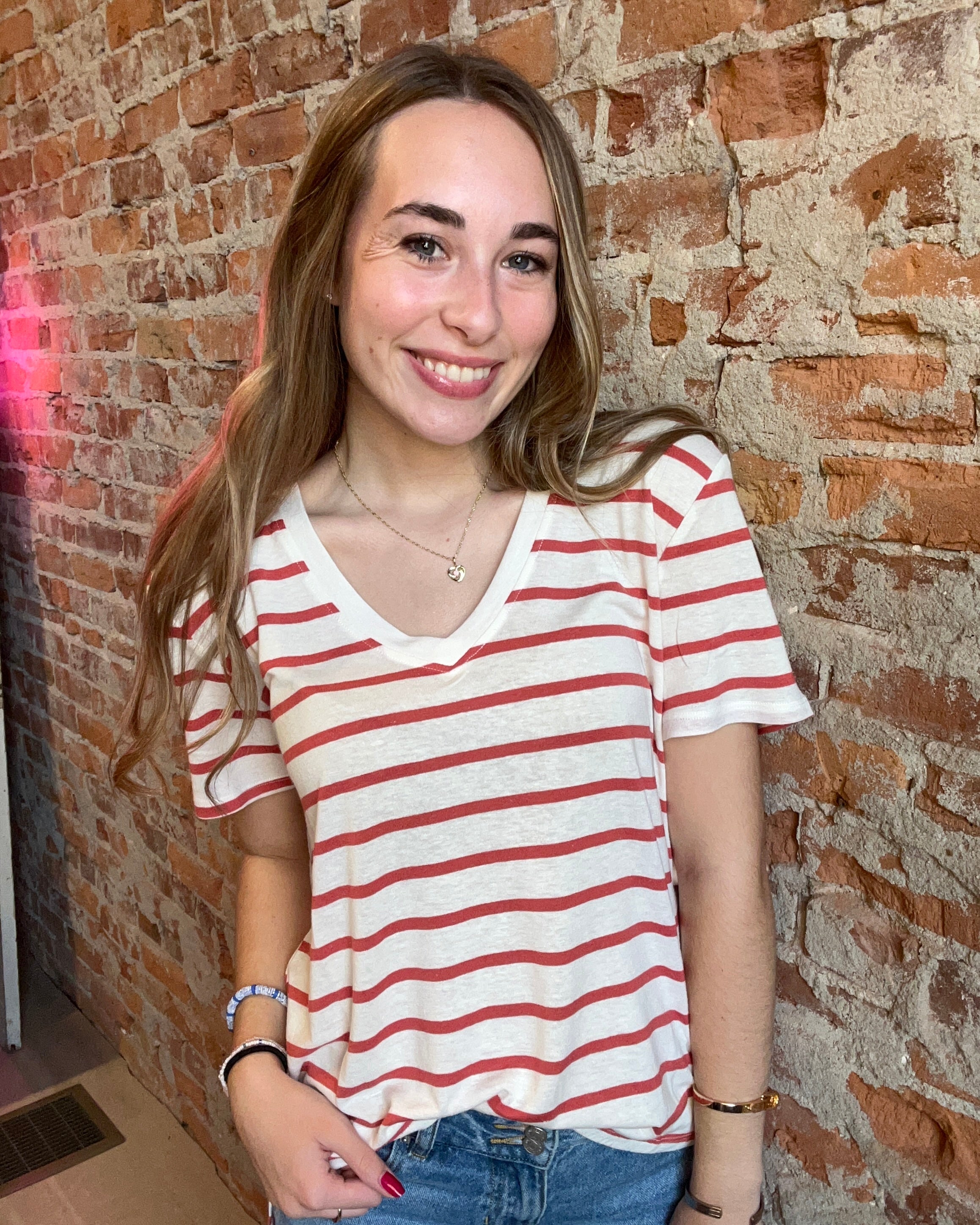 Shyla Striped V Neck Tee-Short Sleeves-Be Cool-The Funky Zebra Ames, Women's Fashion Boutique in Ames, Iowa