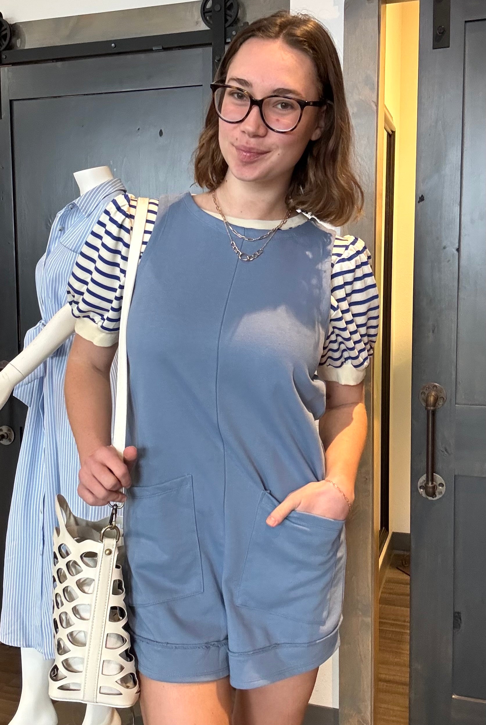 Billie Blue Romper-Rompers-The Funky Zebra Ames-The Funky Zebra Ames, Women's Fashion Boutique in Ames, Iowa