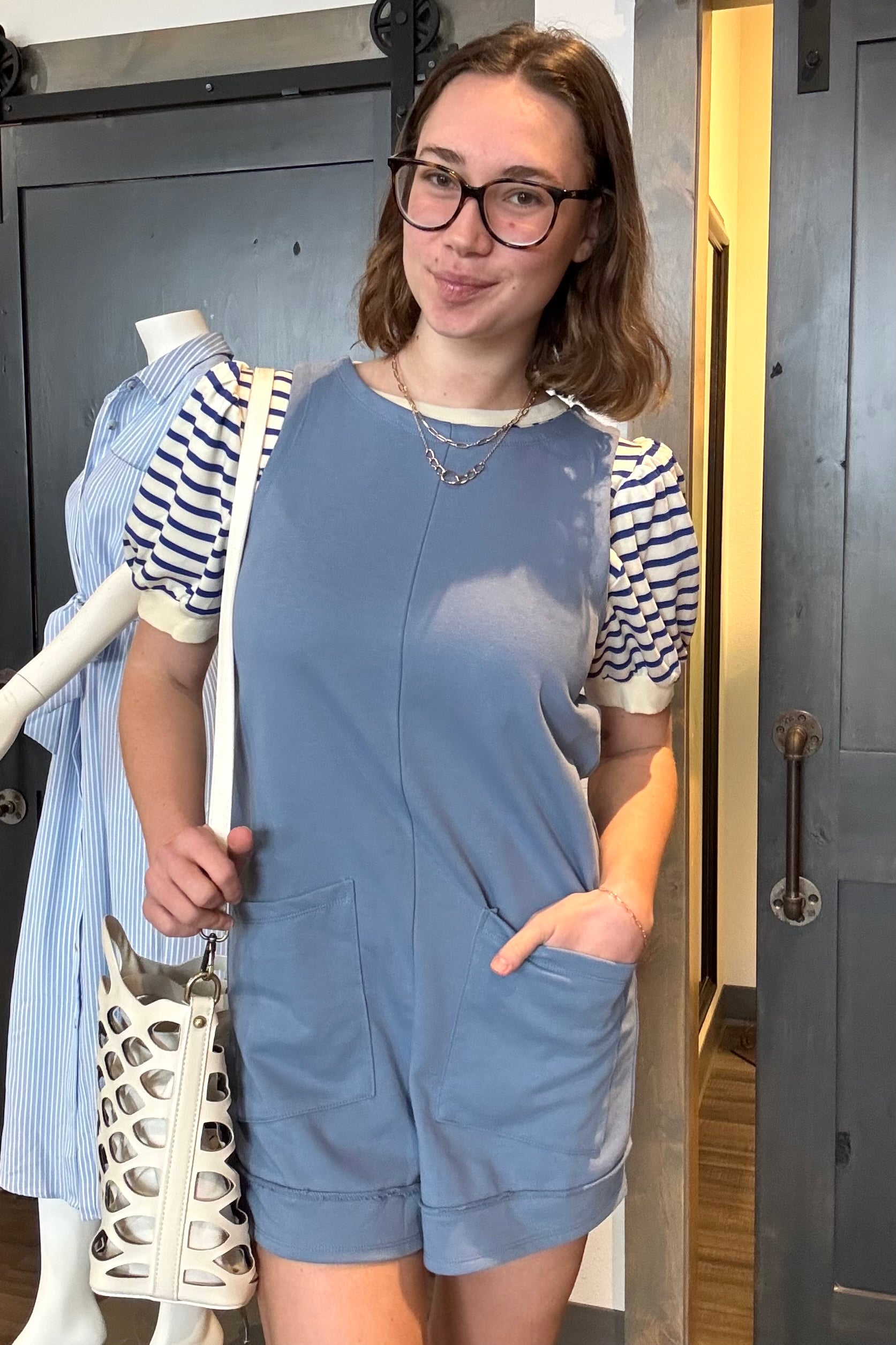 Billie Blue Romper-Rompers-The Funky Zebra Ames-The Funky Zebra Ames, Women's Fashion Boutique in Ames, Iowa