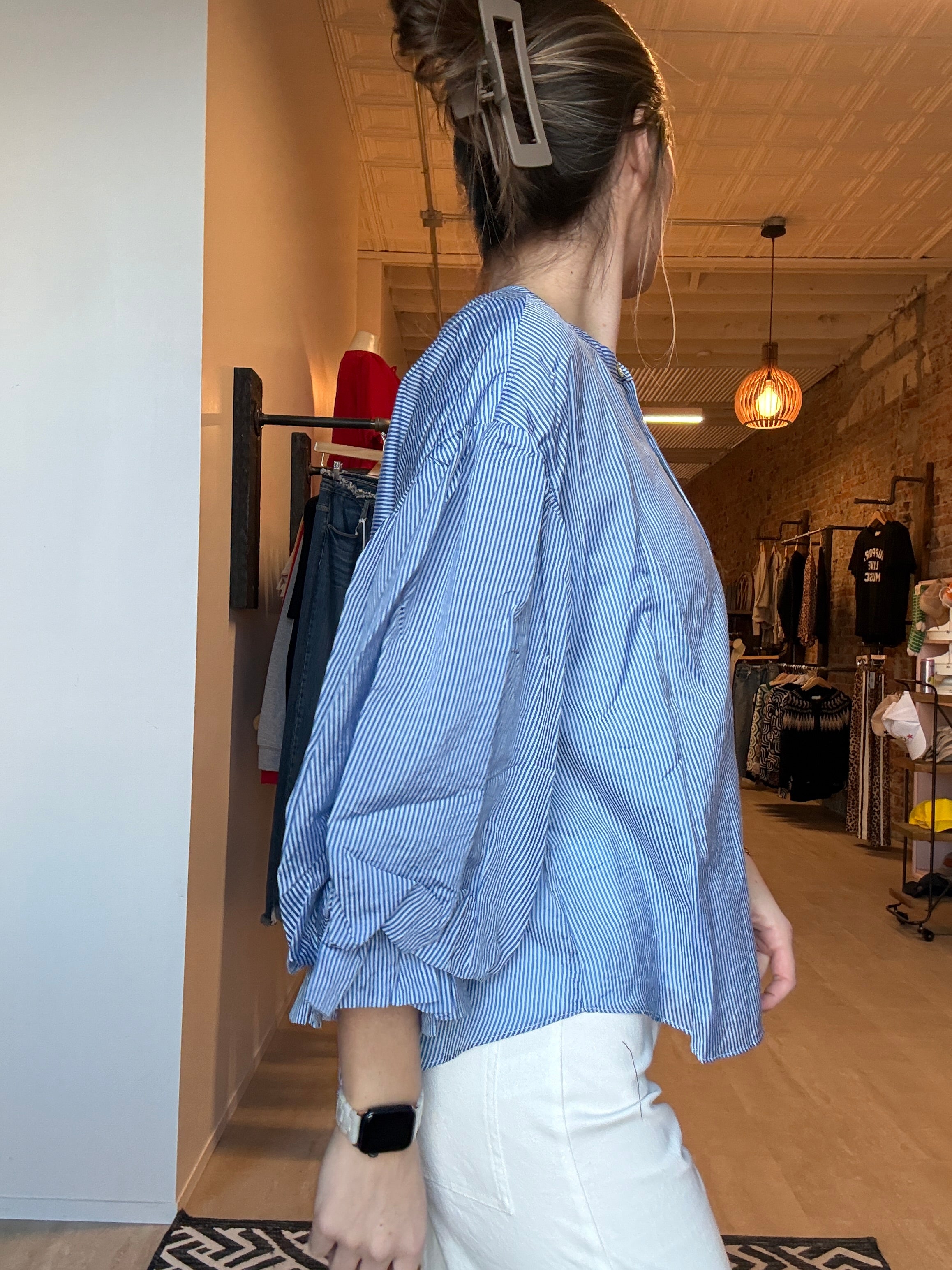 Mary Striped Bubble Sleeve Top-Short Sleeves-fate-The Funky Zebra Ames, Women's Fashion Boutique in Ames, Iowa