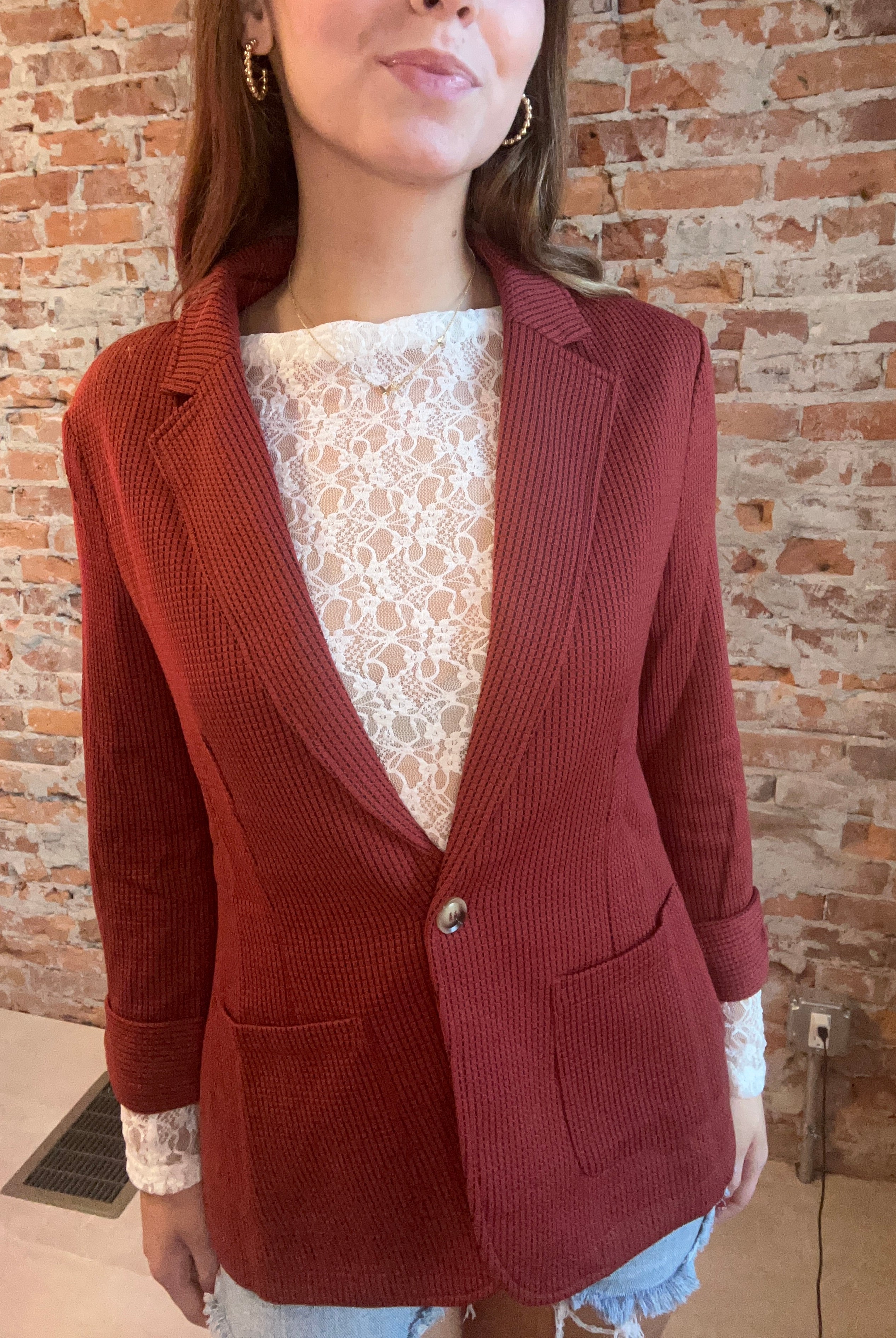 Shirred Sleeve Textured Blazer-Doe and Rae-The Funky Zebra Ames, Women's Fashion Boutique in Ames, Iowa