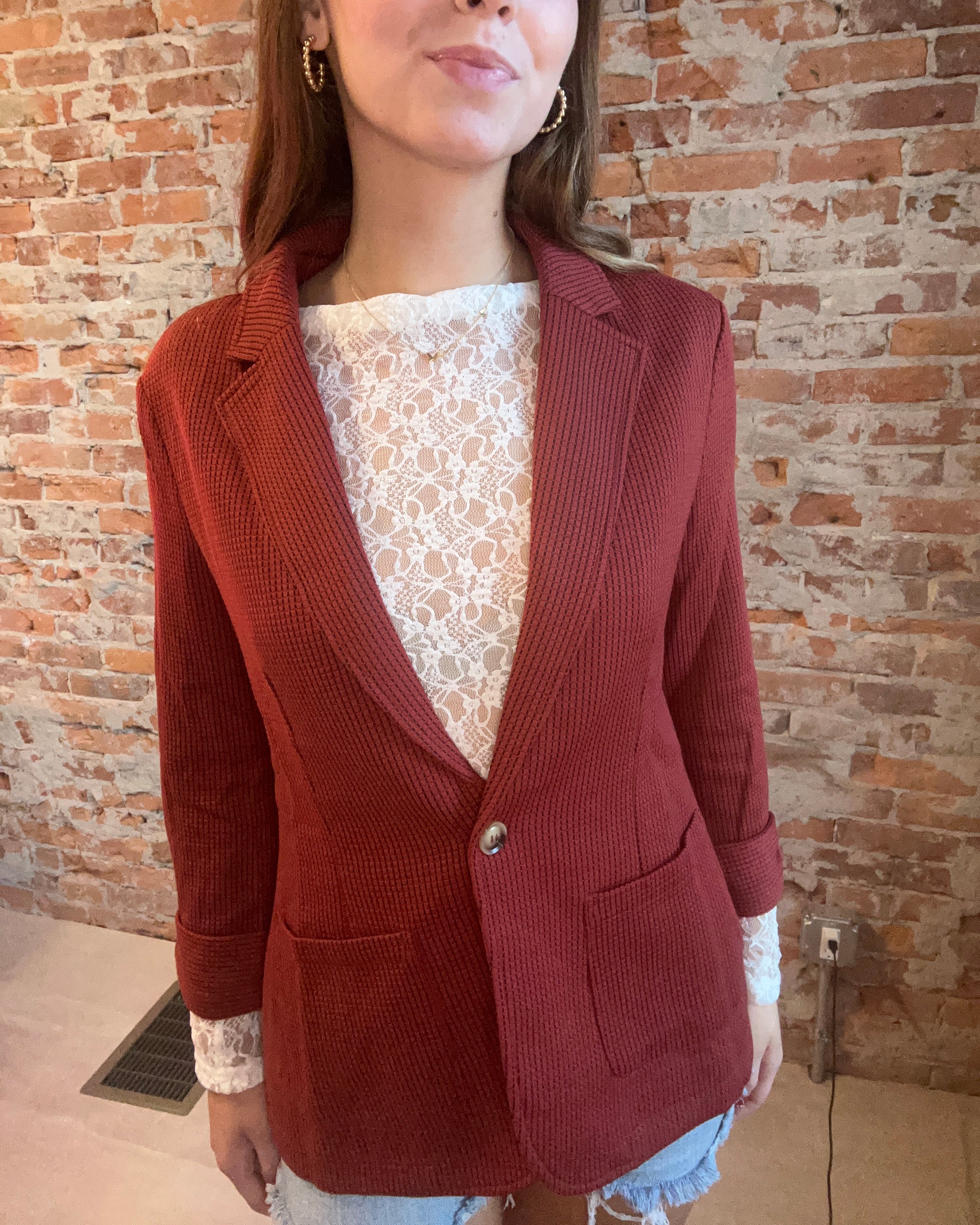 Shirred Sleeve Textured Blazer-Doe and Rae-The Funky Zebra Ames, Women's Fashion Boutique in Ames, Iowa