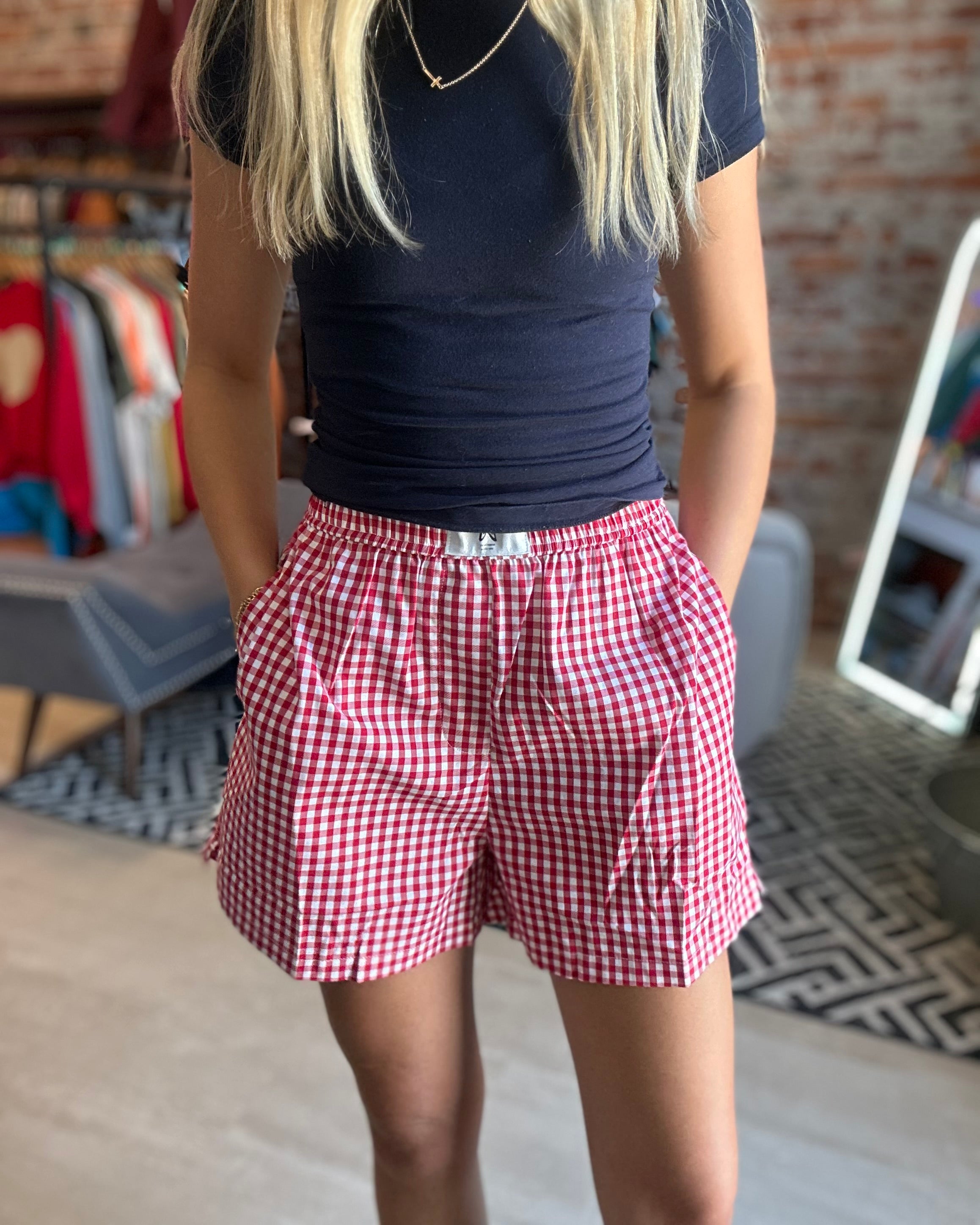 Cicily Gingham Boxer Shorts-Shorts-La Miel-The Funky Zebra Ames, Women's Fashion Boutique in Ames, Iowa