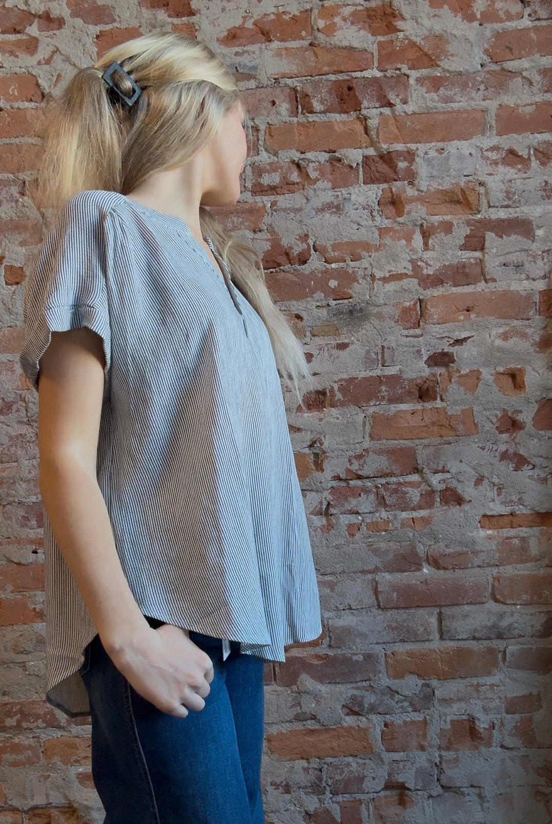 Gemma Pinstripe Button Down Top-Short Sleeves-Blu Pepper-The Funky Zebra Ames, Women's Fashion Boutique in Ames, Iowa