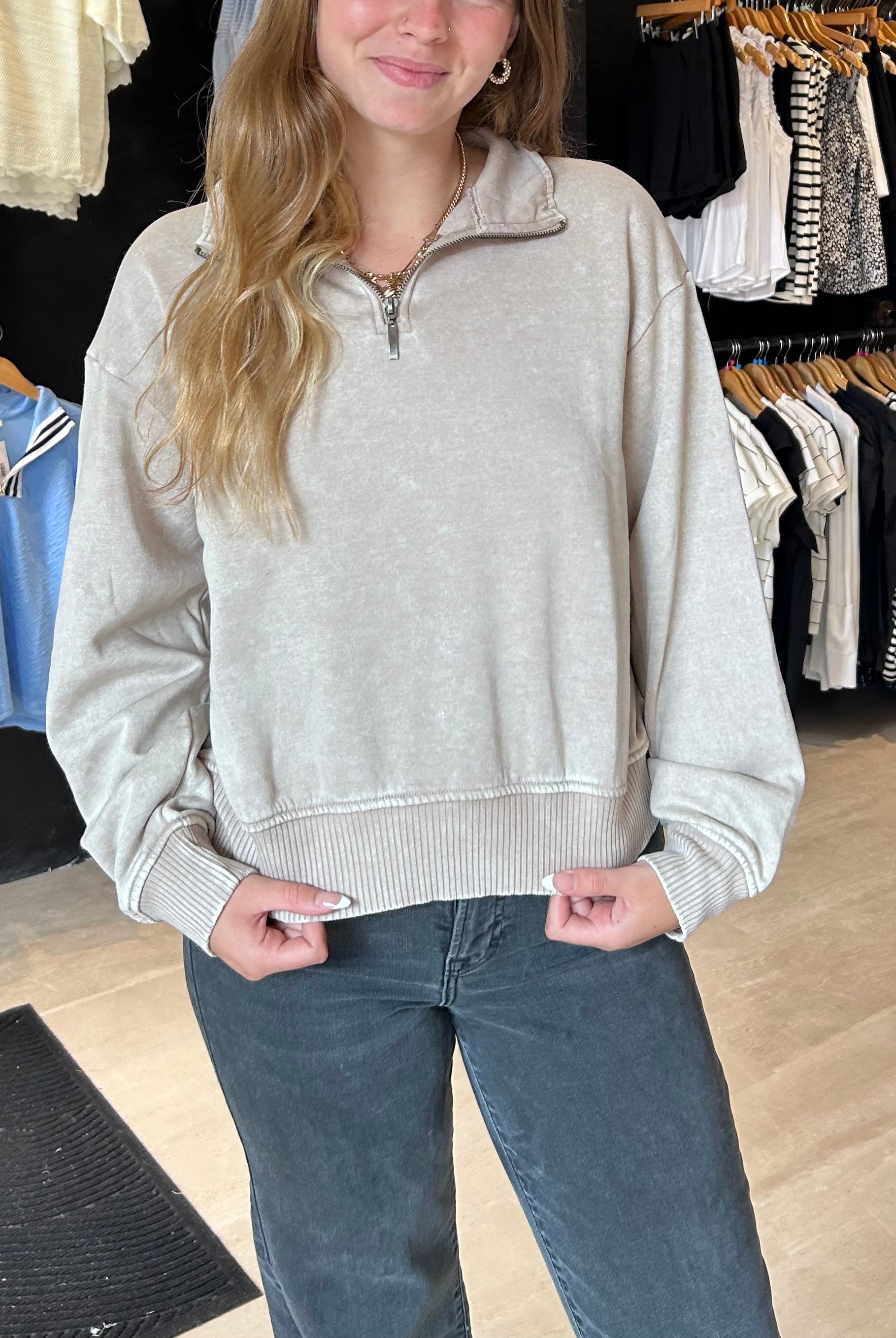 Brittany Washed Half Zip Pullover-Sweatshirt-Zenana-The Funky Zebra Ames, Women's Fashion Boutique in Ames, Iowa