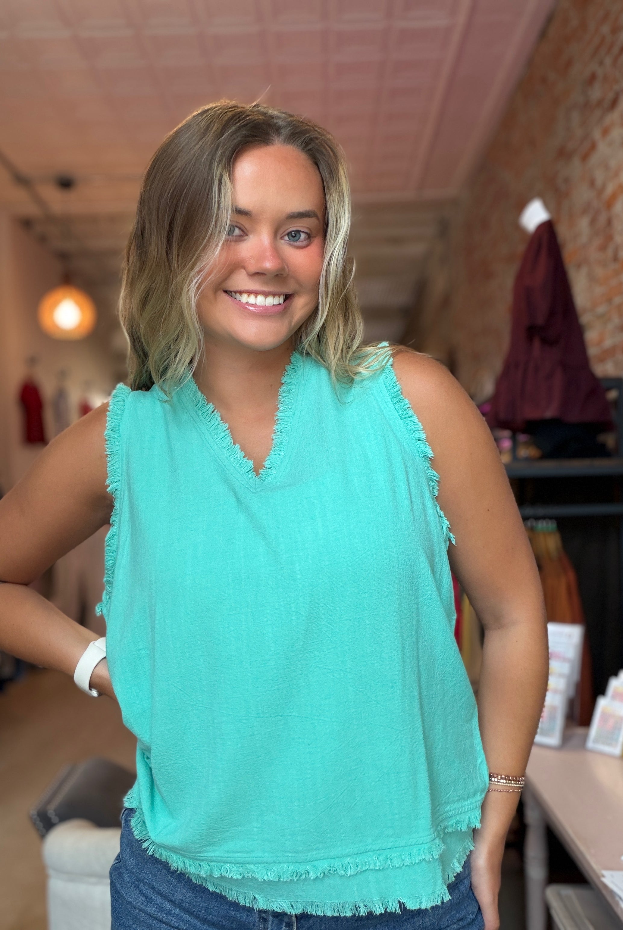 Serena Sleeveless Gauze Fringe Top-La Miel-The Funky Zebra Ames, Women's Fashion Boutique in Ames, Iowa