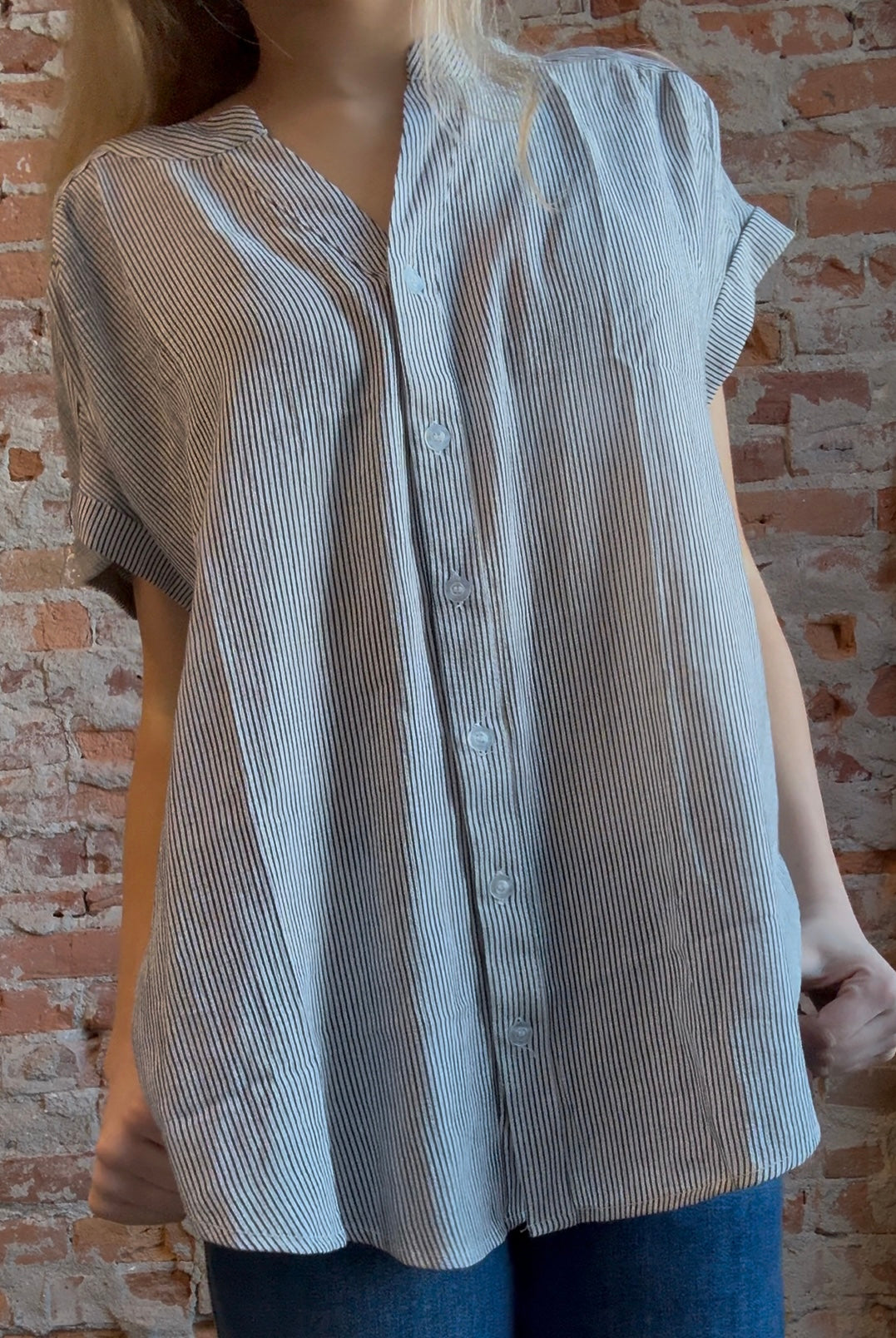 Gemma Pinstripe Button Down Top-Short Sleeves-Blu Pepper-The Funky Zebra Ames, Women's Fashion Boutique in Ames, Iowa