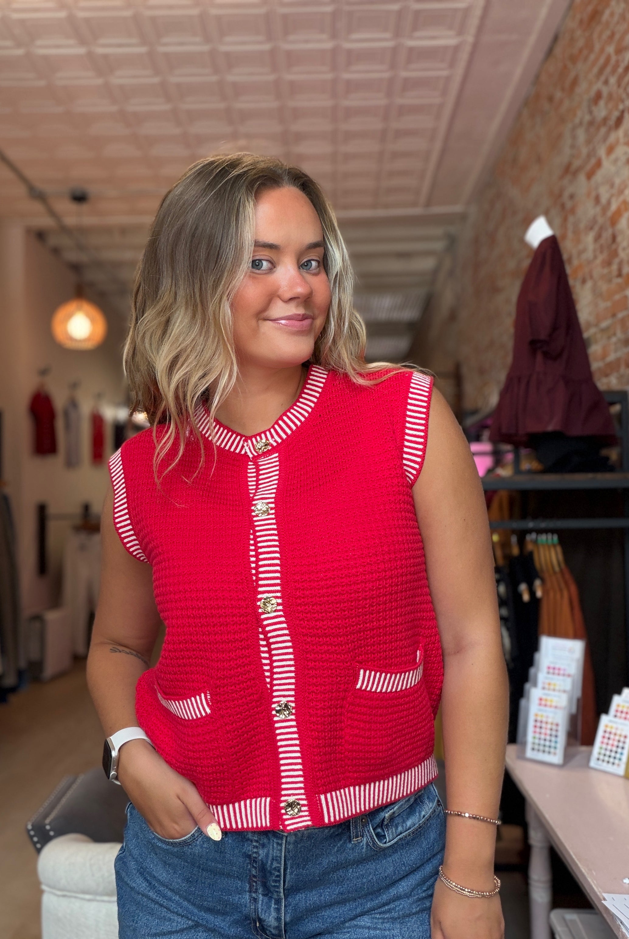 Miranda Red Button Down Swater Vest-Vests-Staccato-The Funky Zebra Ames, Women's Fashion Boutique in Ames, Iowa