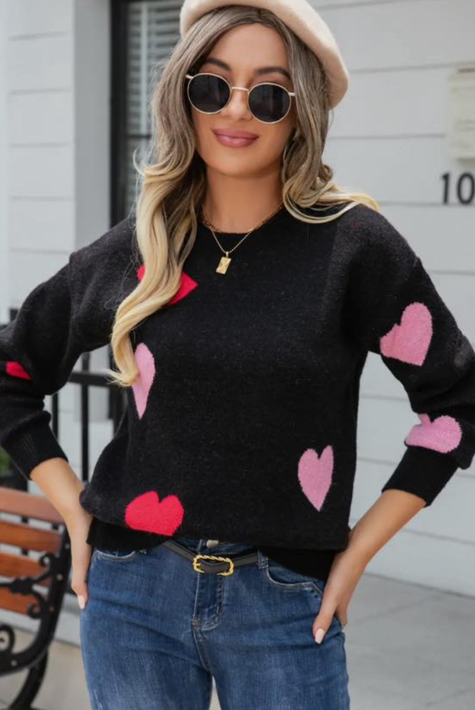 Black & Pink Heart Sweater-Sweaters-ePretty-The Funky Zebra Ames, Women's Fashion Boutique in Ames, Iowa