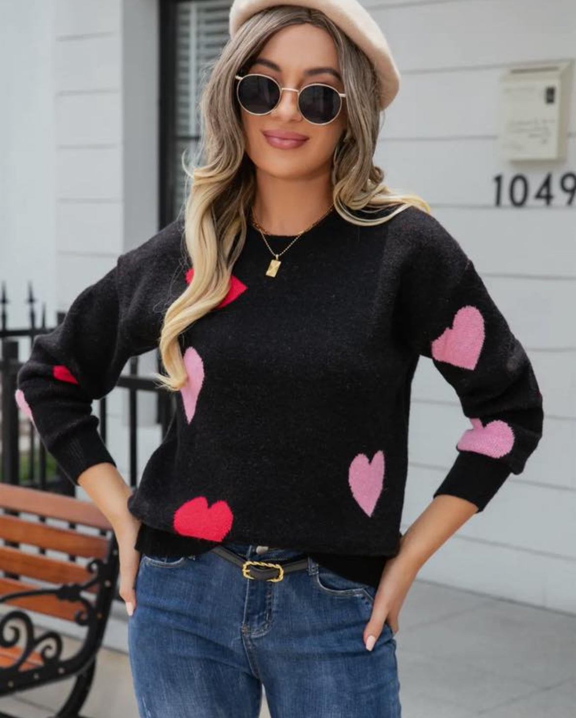 Black & Pink Heart Sweater-Sweaters-ePretty-The Funky Zebra Ames, Women's Fashion Boutique in Ames, Iowa
