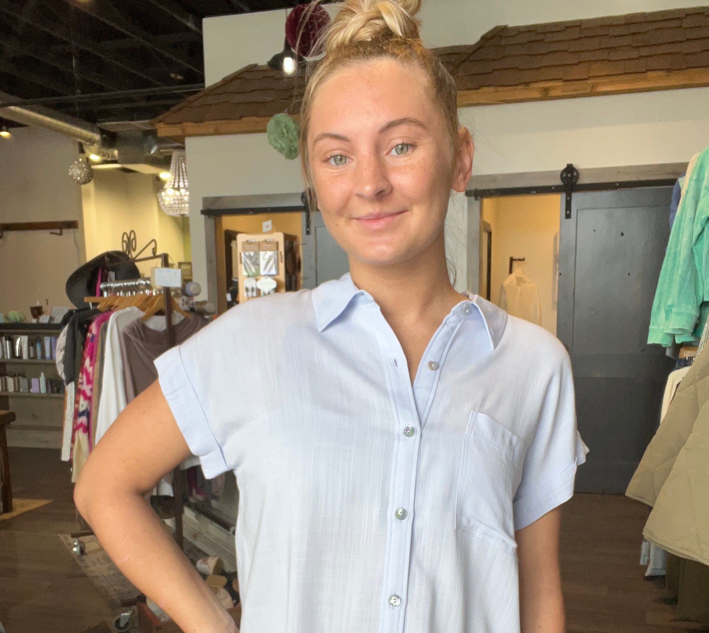 Rory Pale Blue Button Down-Short Sleeves-Be Cool-The Funky Zebra Ames, Women's Fashion Boutique in Ames, Iowa