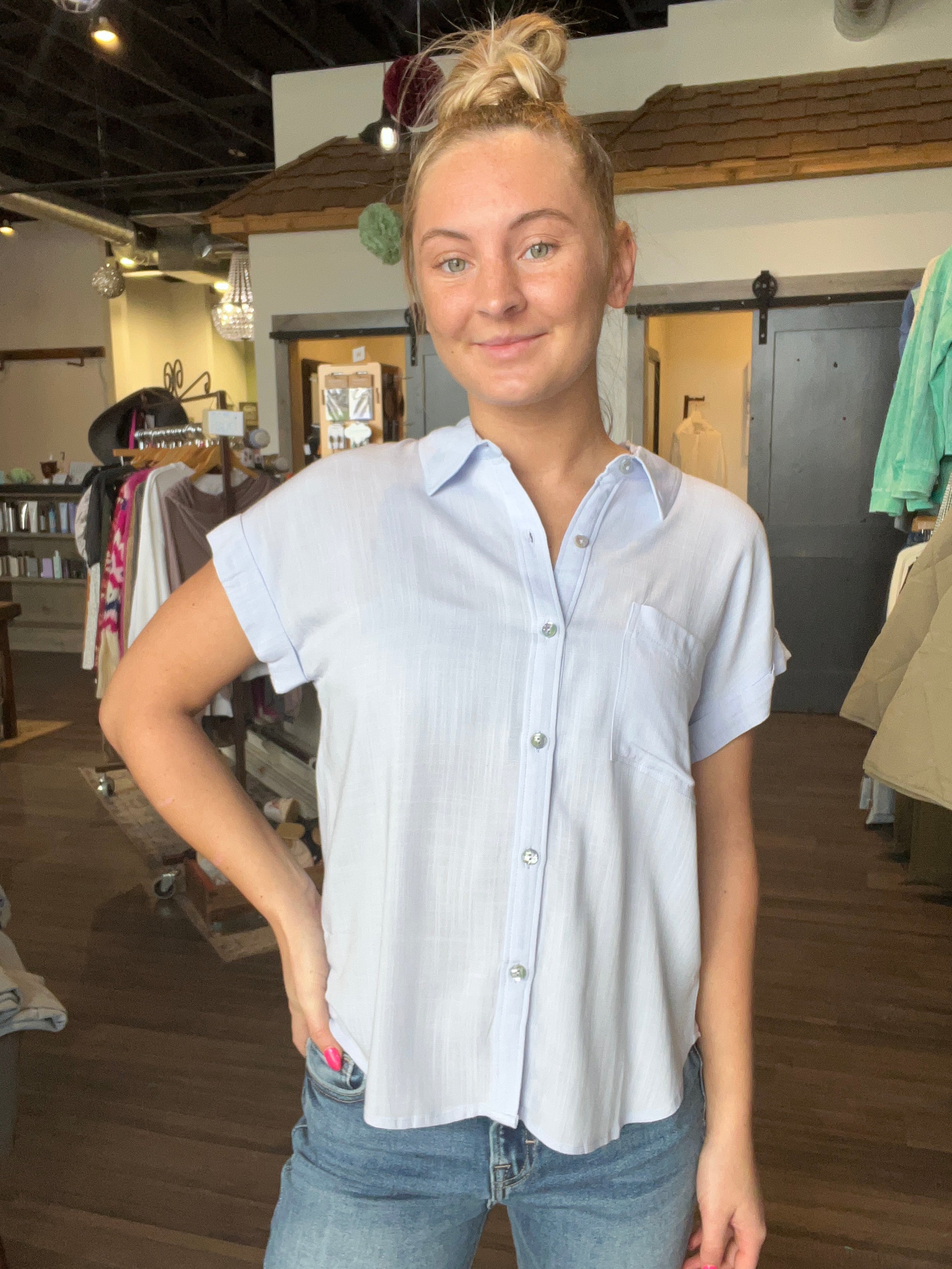 Rory Pale Blue Button Down-Short Sleeves-Be Cool-The Funky Zebra Ames, Women's Fashion Boutique in Ames, Iowa