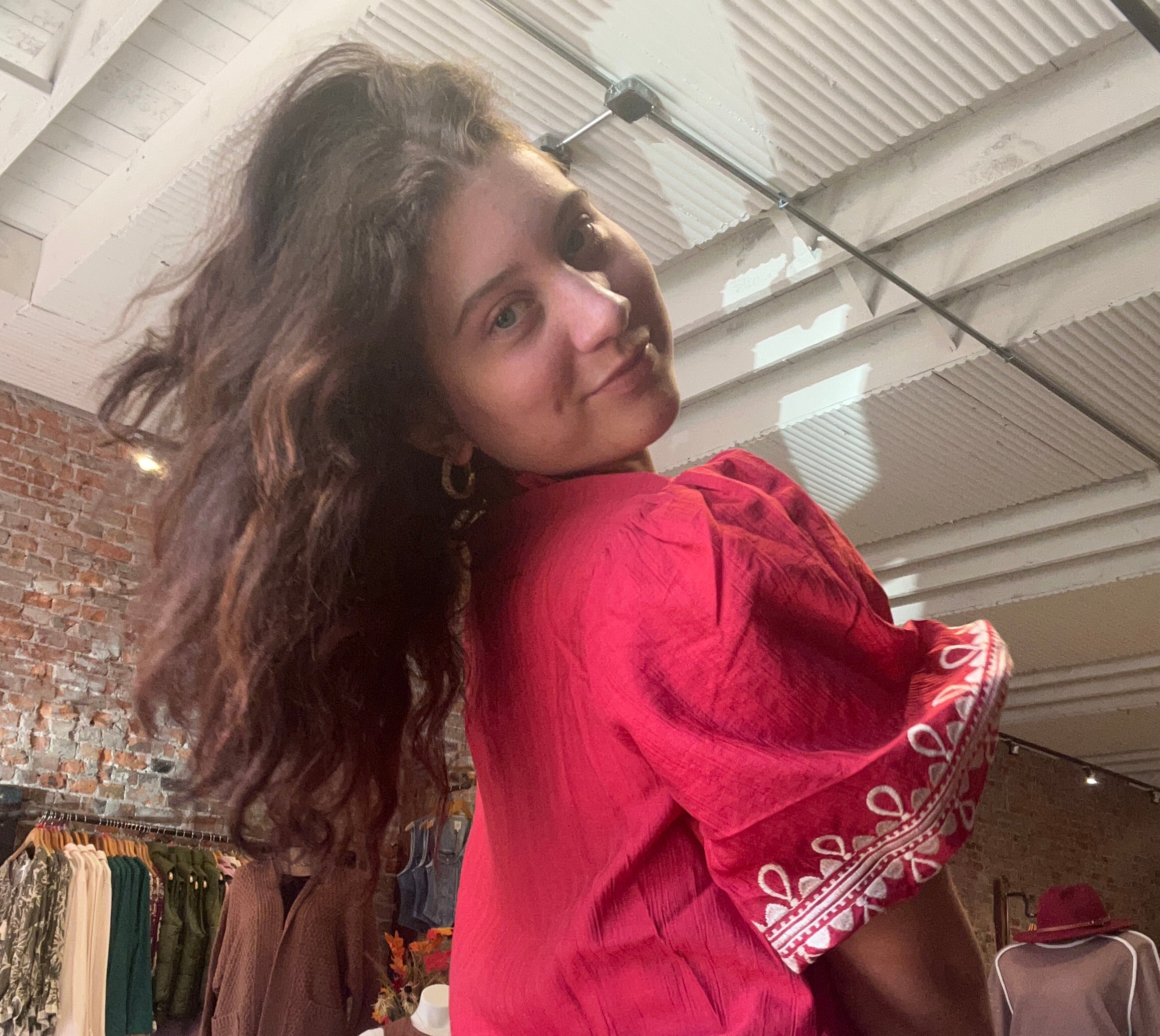 Hanna Red Embroidered Puff Sleeve-Long Sleeves-Oddi-The Funky Zebra Ames, Women's Fashion Boutique in Ames, Iowa