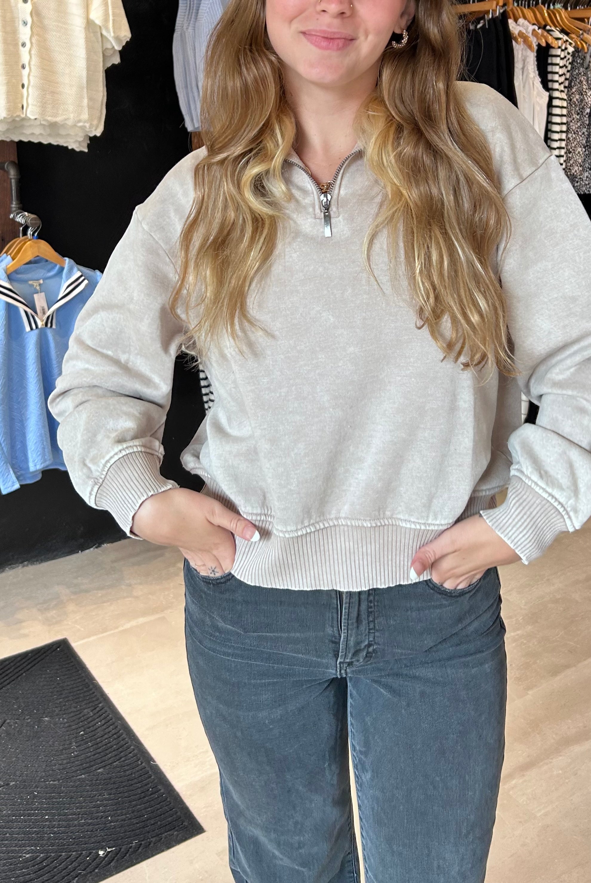 Brittany Washed Half Zip Pullover-Sweatshirt-Zenana-The Funky Zebra Ames, Women's Fashion Boutique in Ames, Iowa