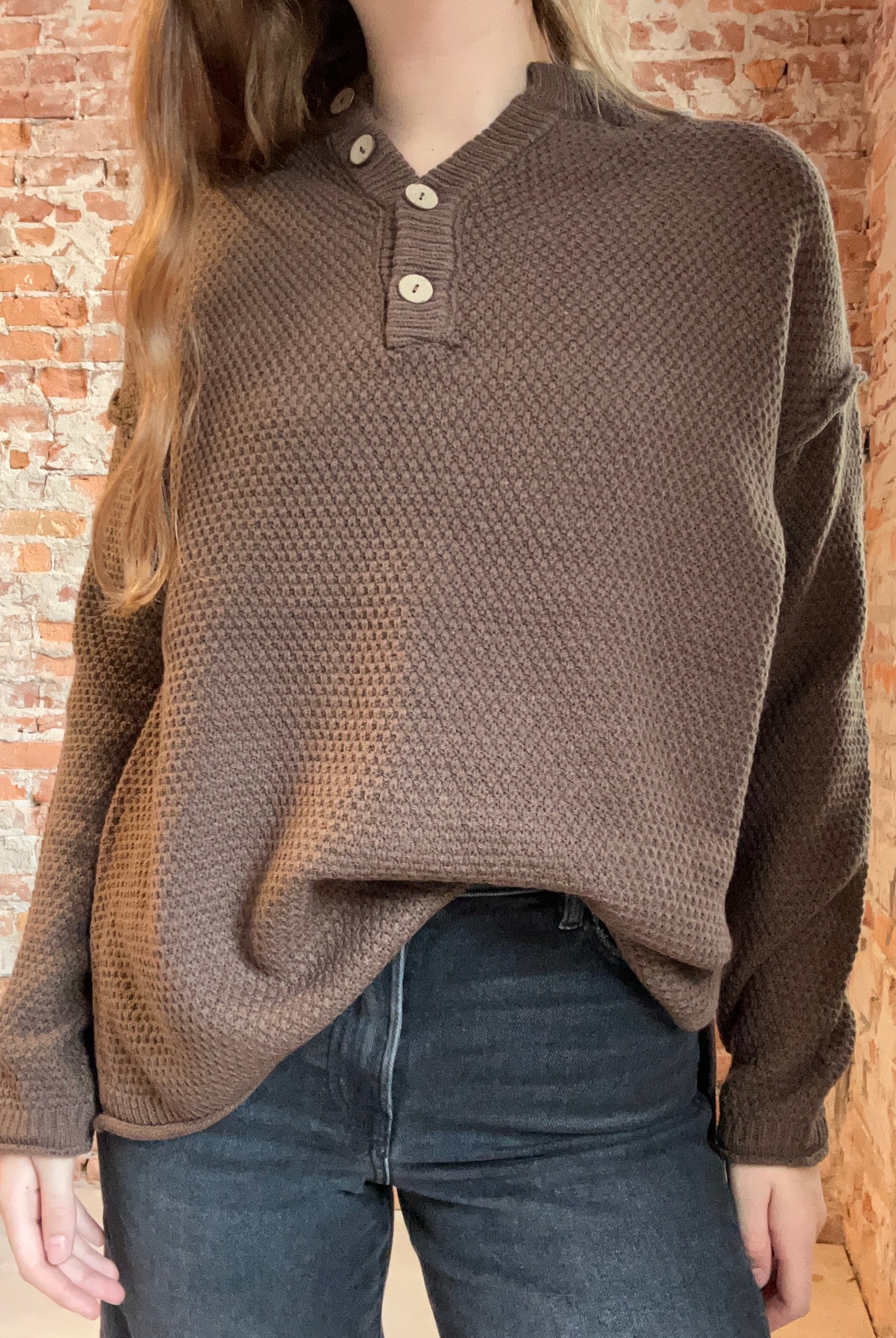 Brown Button Henley Basic Sweater-Sweaters-Zenana-The Funky Zebra Ames, Women's Fashion Boutique in Ames, Iowa