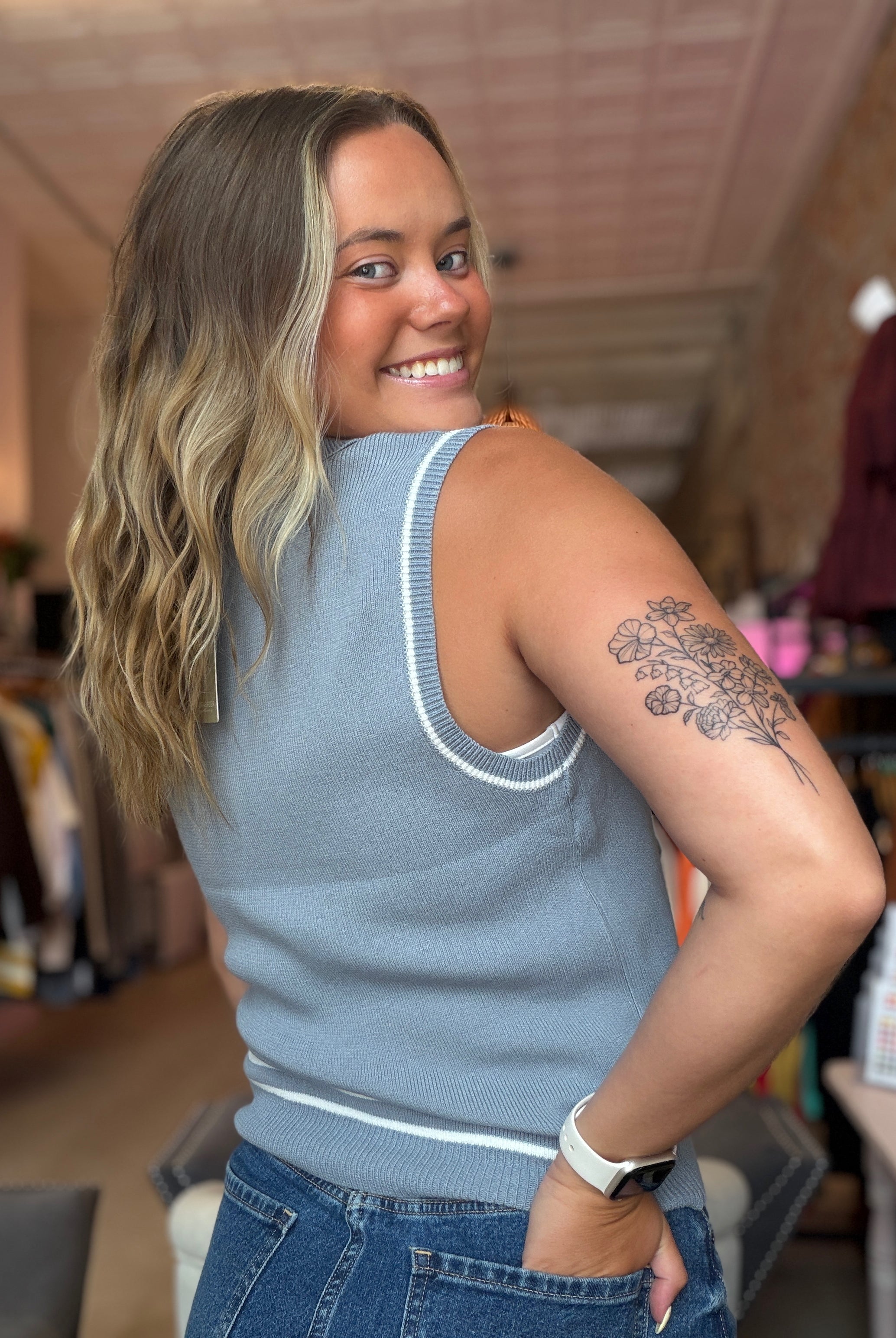 Maggie Blue Sleeveless Collar Sweater-The Funky Zebra Ames-The Funky Zebra Ames, Women's Fashion Boutique in Ames, Iowa