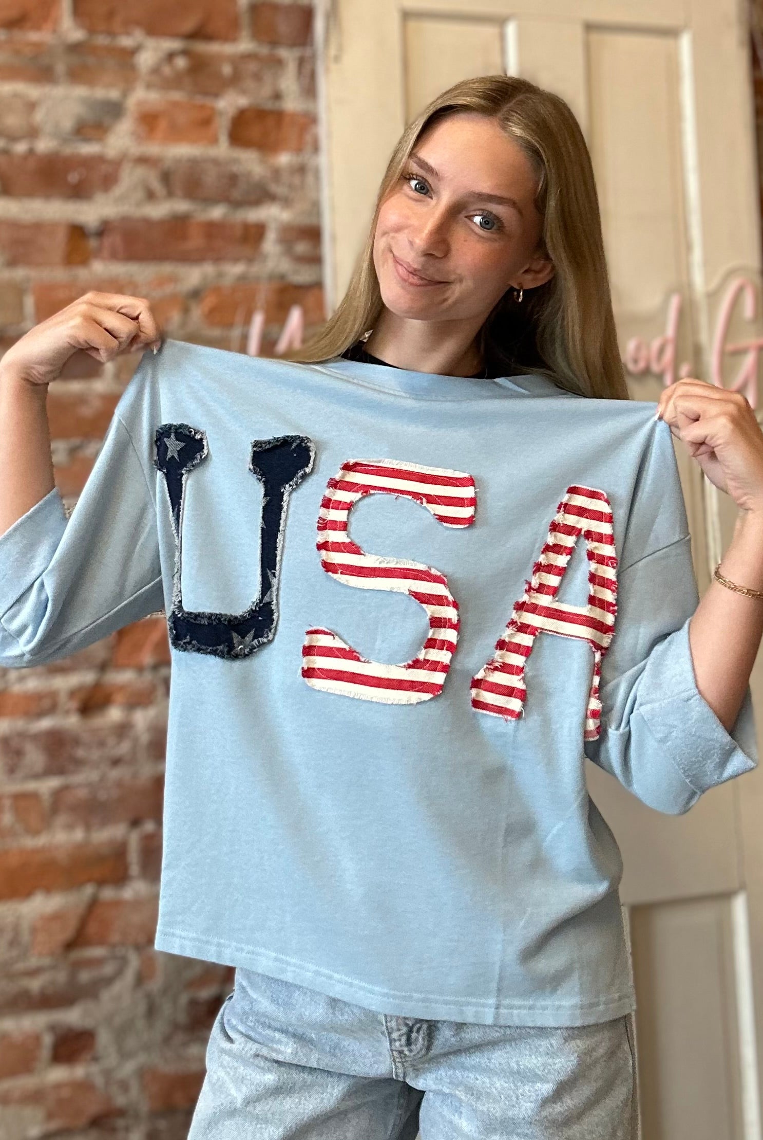 USA Patched Blue Top-Jodifl-The Funky Zebra Ames, Women's Fashion Boutique in Ames, Iowa
