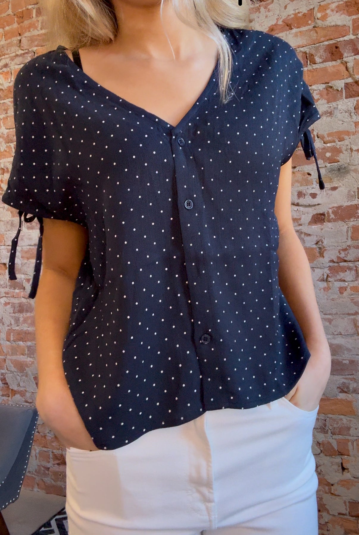 Celene Navy Tie Button Front Short Sleeve Top-Short Sleeves-Molly Bracken-The Funky Zebra Ames, Women's Fashion Boutique in Ames, Iowa