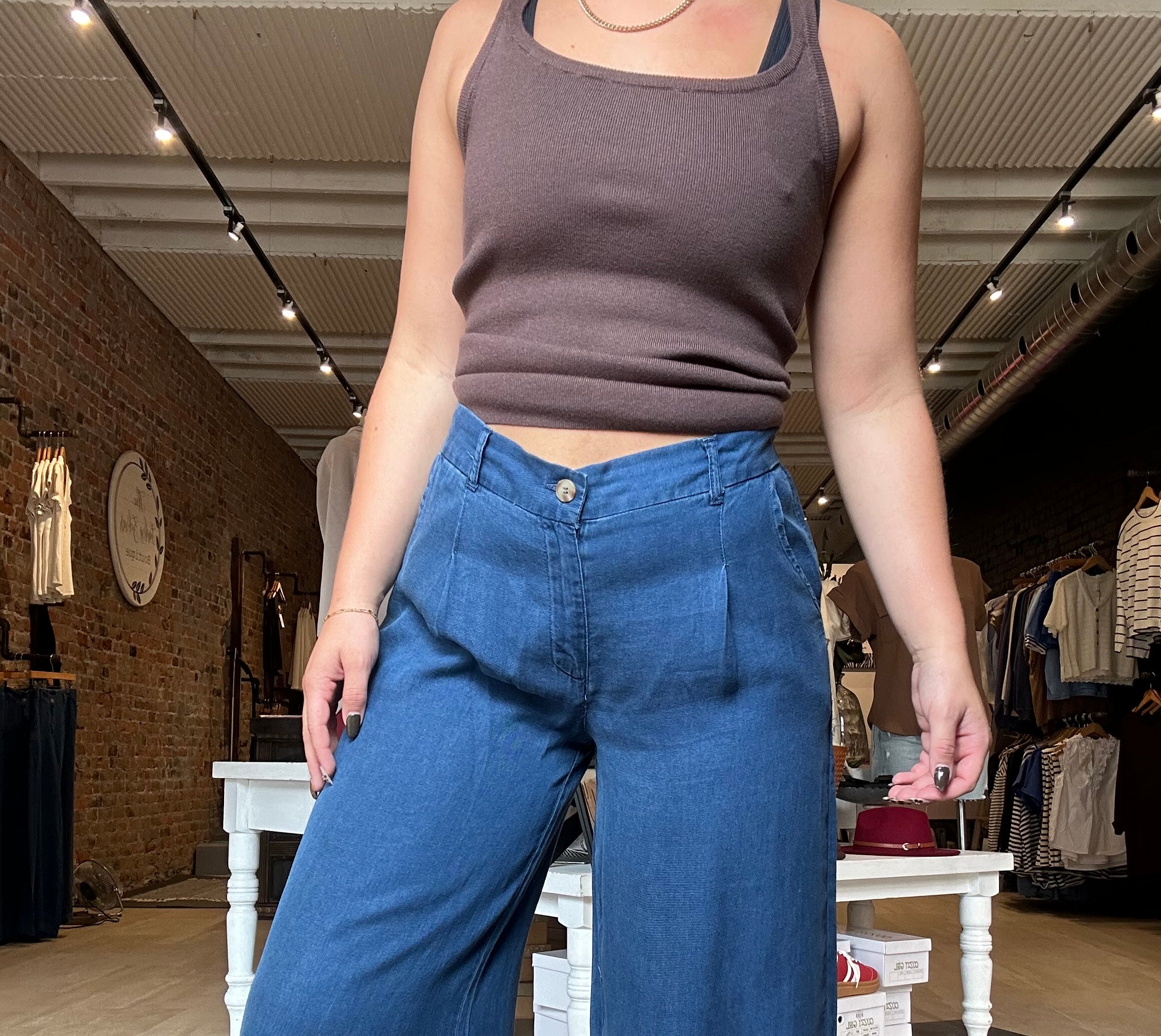 Shayna Chambray Wide Leg Pants-Pants-Blu Pepper-The Funky Zebra Ames, Women's Fashion Boutique in Ames, Iowa