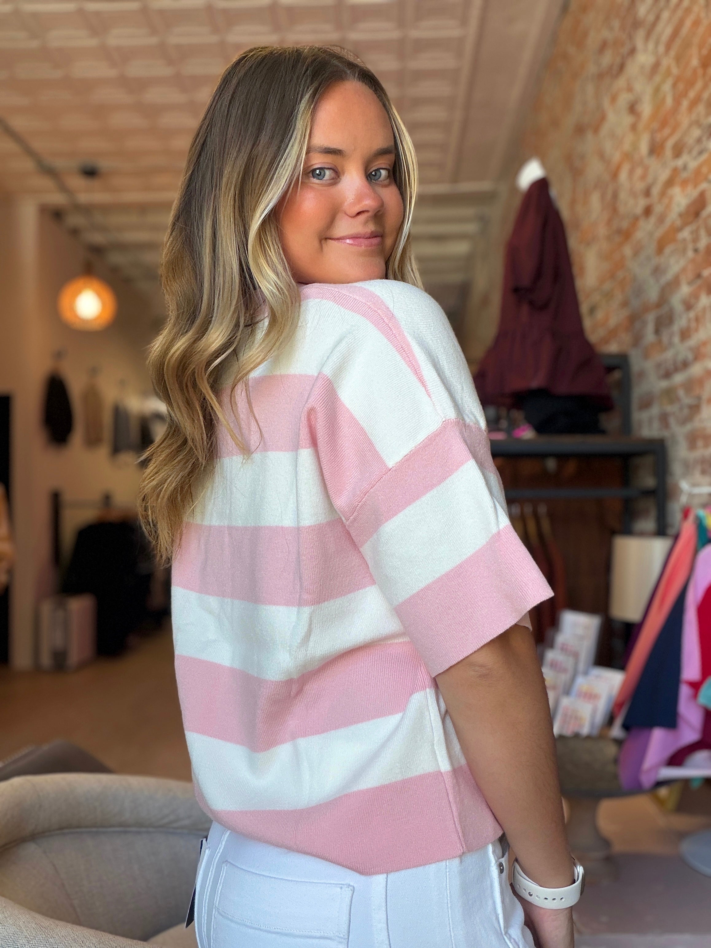 Bronwyn Pink & White Color Block Short Sleeve Sweater-Sweaters-Hayden-The Funky Zebra Ames, Women's Fashion Boutique in Ames, Iowa